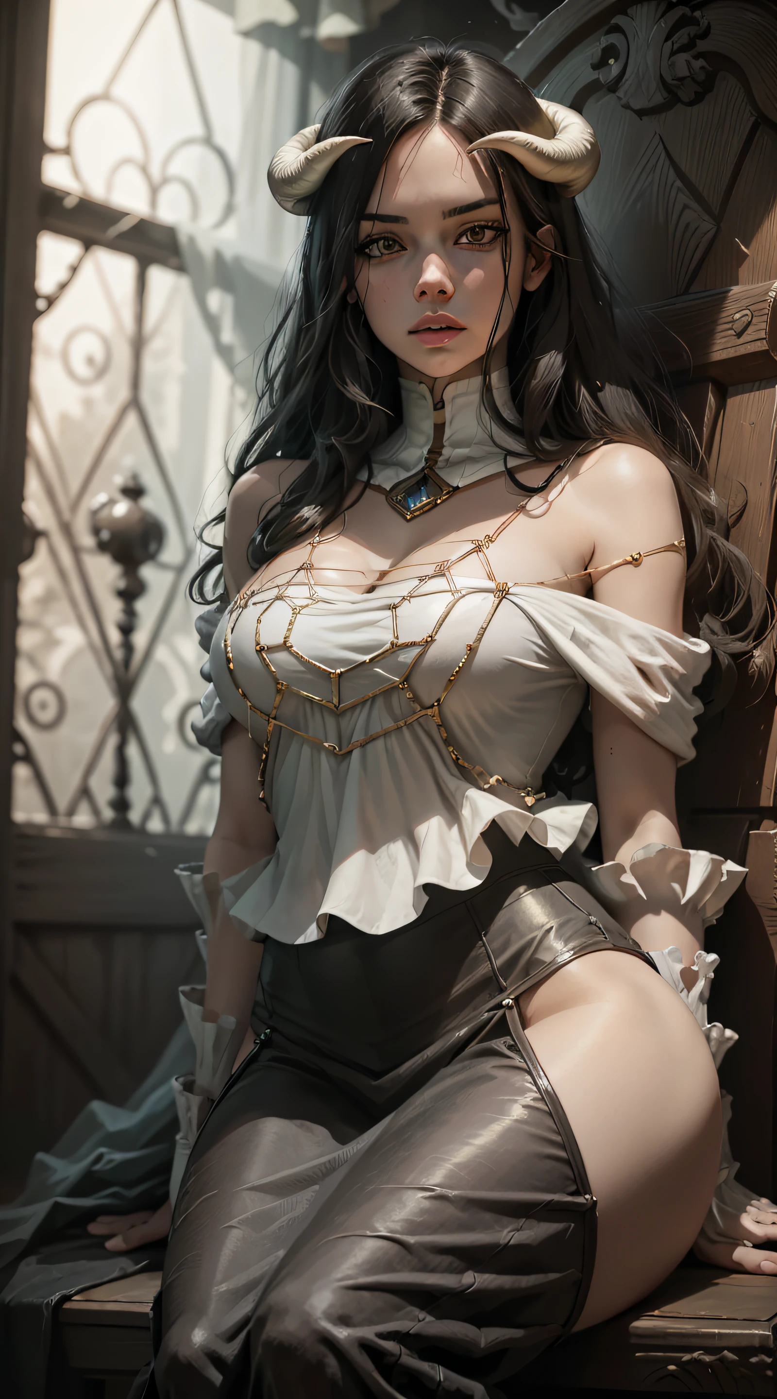 black modern clothes(photorealistic:1.4), (masterpiece, sidelighting, finely detailed beautiful eyes: 1.2), masterpiece*portrait, realistic, 3d face,
albedo, 1girl, architecture, bangs, bare shoulders, black gloves, black pantyhose, blush, breasts, detached sleeves, gloves, horns, long hair, looking at viewer, medium breasts, sitting in skull throne