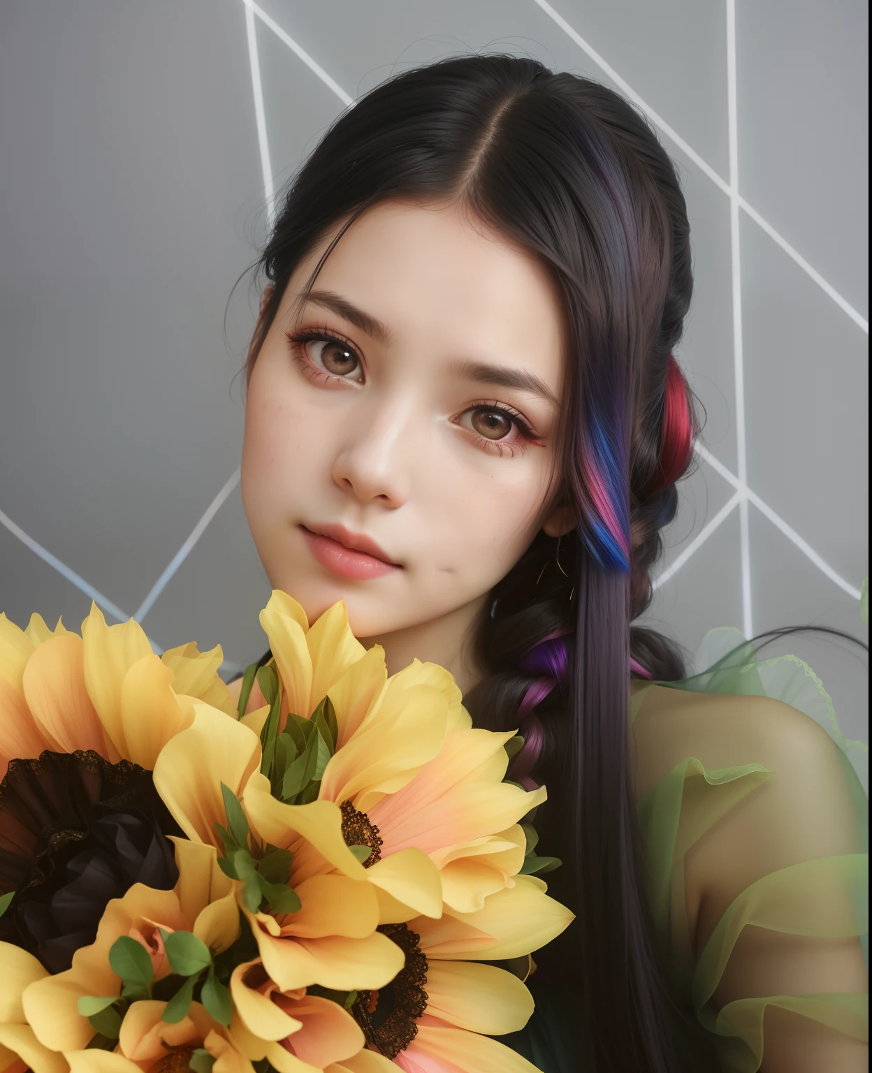 portrait of a woman, wearing organza , with rainbow colored pig tails hair , red victorian dress, background stylish epic photo, studio lighting, hard light, sony a7, 50 m