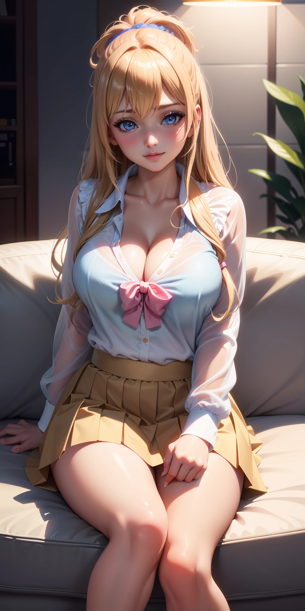 Perfect breasts ((beautiful gyaru girl)) wavy blonde hair with bangs, side ponytail, blue eyes, detailed iris, big eyes, light effect on the eyes, extremely sensual body, wears a schoolgirl blouse, pleated skirt, blouse tied at the waist, cleavage (( gyaru anime girl, hyper realistic, high quality image, ultra detailed, perfect lighting, cinematic lighting, 16k)), perfect lips, pink lips, charming smile, innocent and sexy face, sitting on the sofa in her house , sensual pose