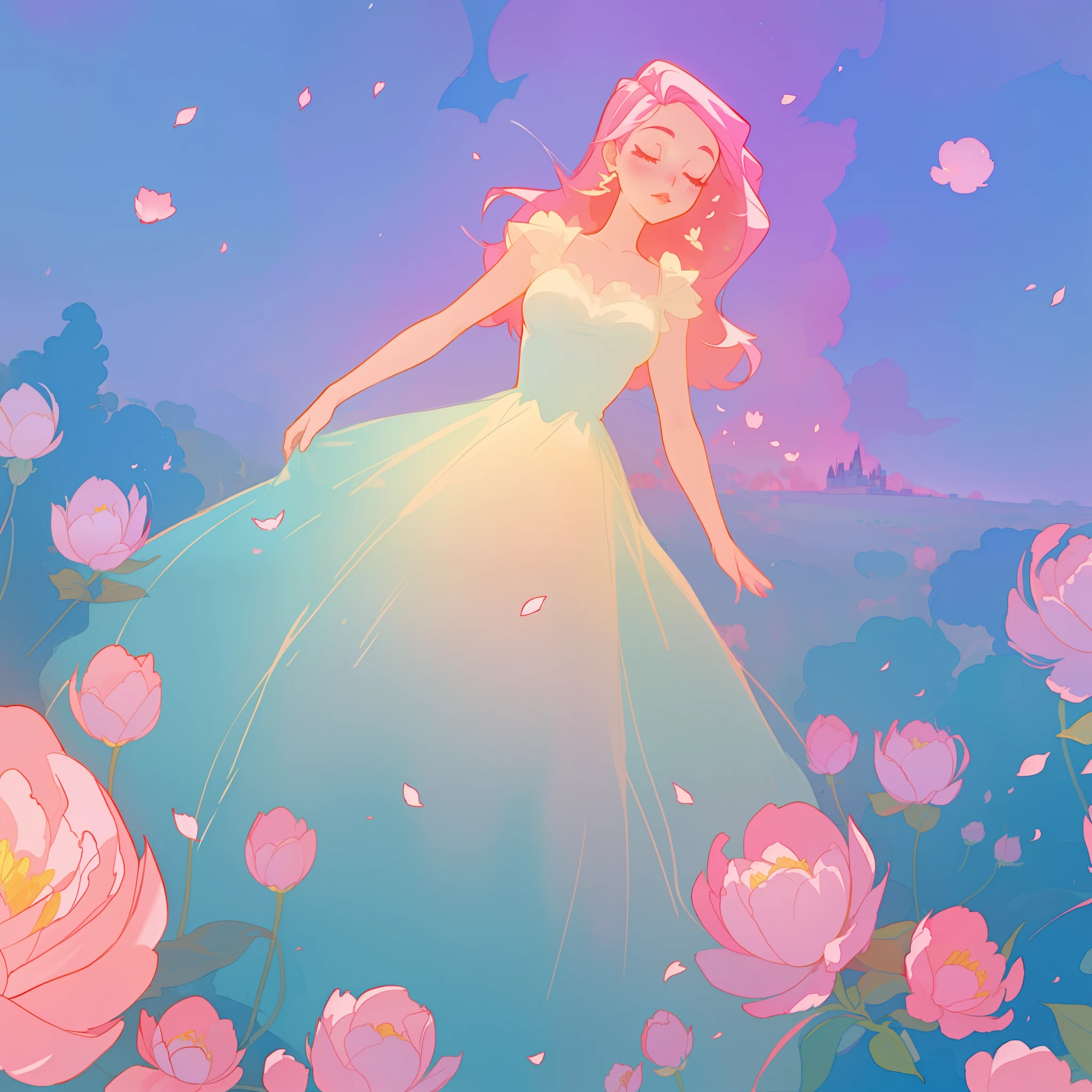 beautiful girl in puffy white ballgown, a field with puffy pink red flowers, otherworldly flowers, whimsical landscape, long pink flowing hair, watercolor illustration, inspired by Glen Keane, inspired by Lois van Baarle, disney art style, by Lois van Baarle, by Glen Keane, jen bartel, digital painting, beautiful digital illustration, fantasia otherworldly landscape plants flowers, beautiful, masterpiece, best quality, anime disney style