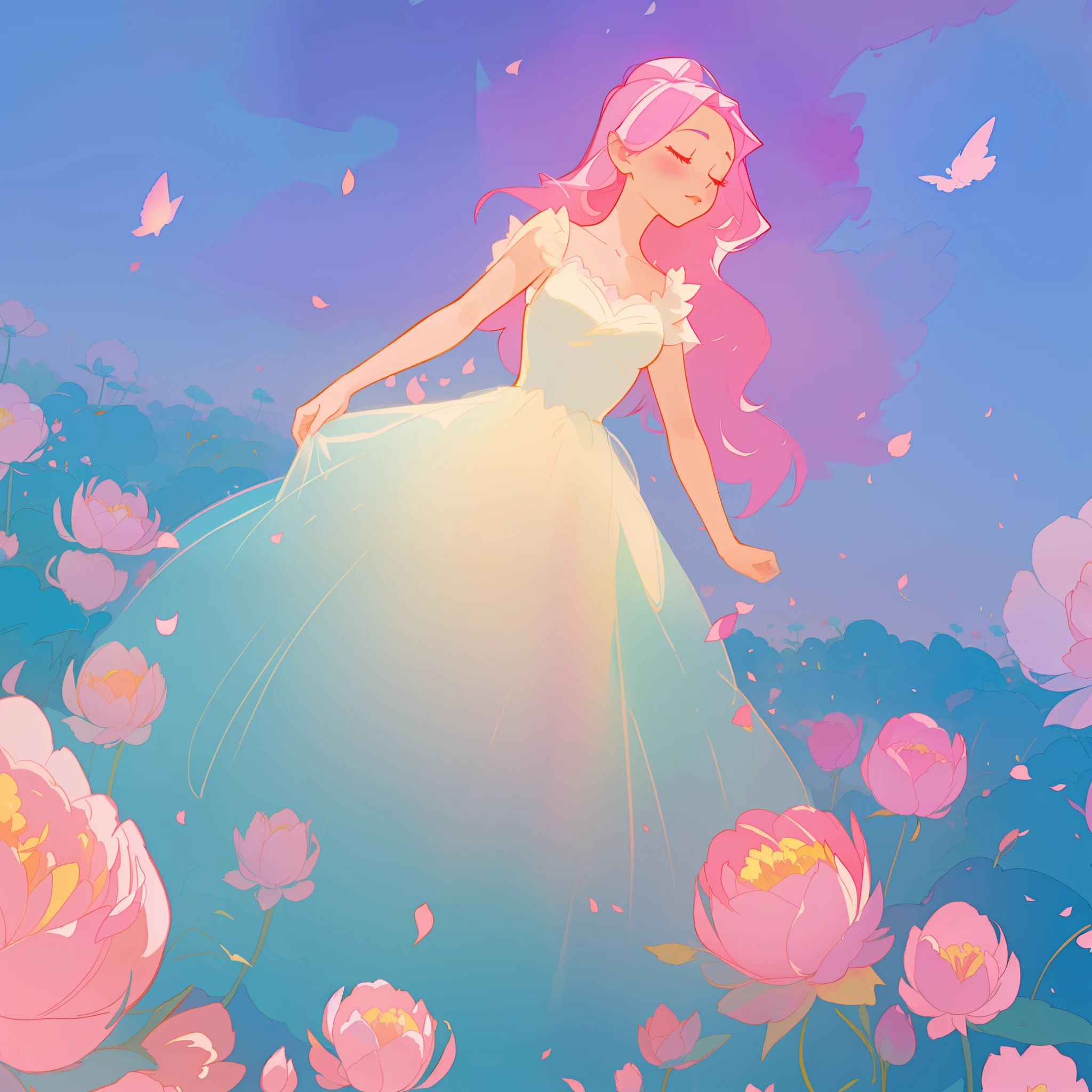 beautiful girl in puffy white ballgown, a field with puffy pink red flowers, otherworldly flowers, whimsical landscape, long pink flowing hair, watercolor illustration, inspired by Glen Keane, inspired by Lois van Baarle, disney art style, by Lois van Baarle, by Glen Keane, jen bartel, digital painting, beautiful digital illustration, fantasia otherworldly landscape plants flowers, beautiful, masterpiece, best quality, anime disney style