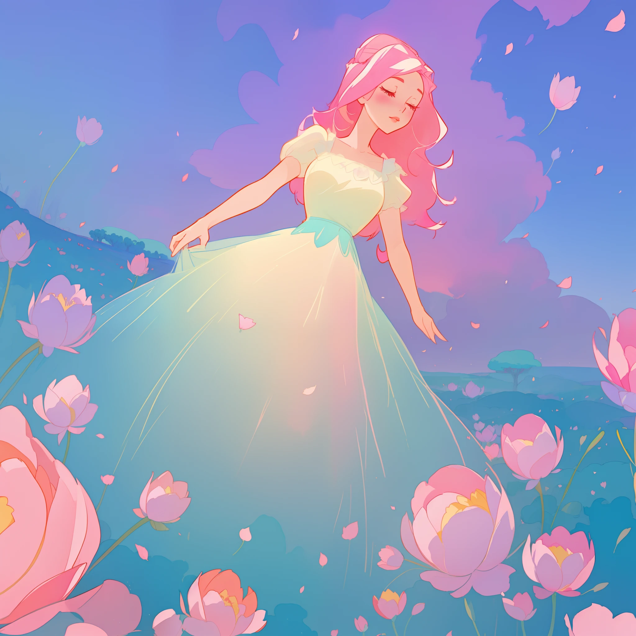 beautiful girl in puffy white ballgown, a field with puffy pink red flowers, otherworldly flowers, whimsical landscape, long pink flowing hair, watercolor illustration, inspired by Glen Keane, inspired by Lois van Baarle, disney art style, by Lois van Baarle, by Glen Keane, jen bartel, digital painting, beautiful digital illustration, fantasia otherworldly landscape plants flowers, beautiful, masterpiece, best quality, anime disney style