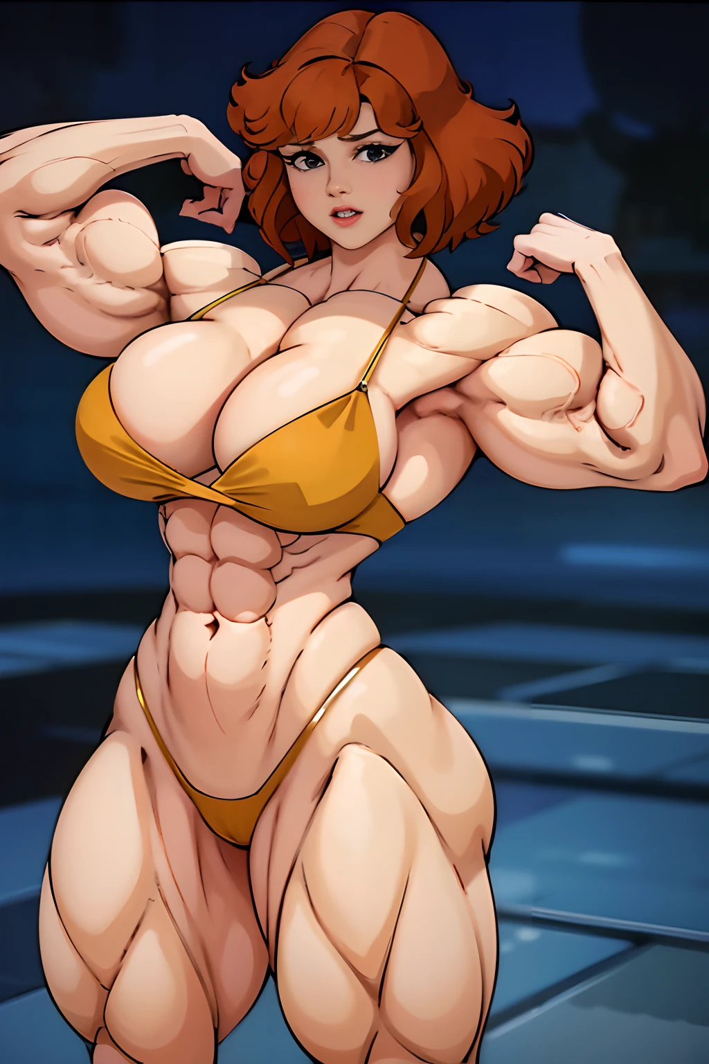 Cowboy shot, April O'Neill, 1980s \(style of\), 1girl, Very muscular girl, brown hair, orange hair, retro artstyle, Short hair, Yellow bikini, big_pectoral muscles, huge biceps, wide hips, cleavage, night city background, Huge boobs