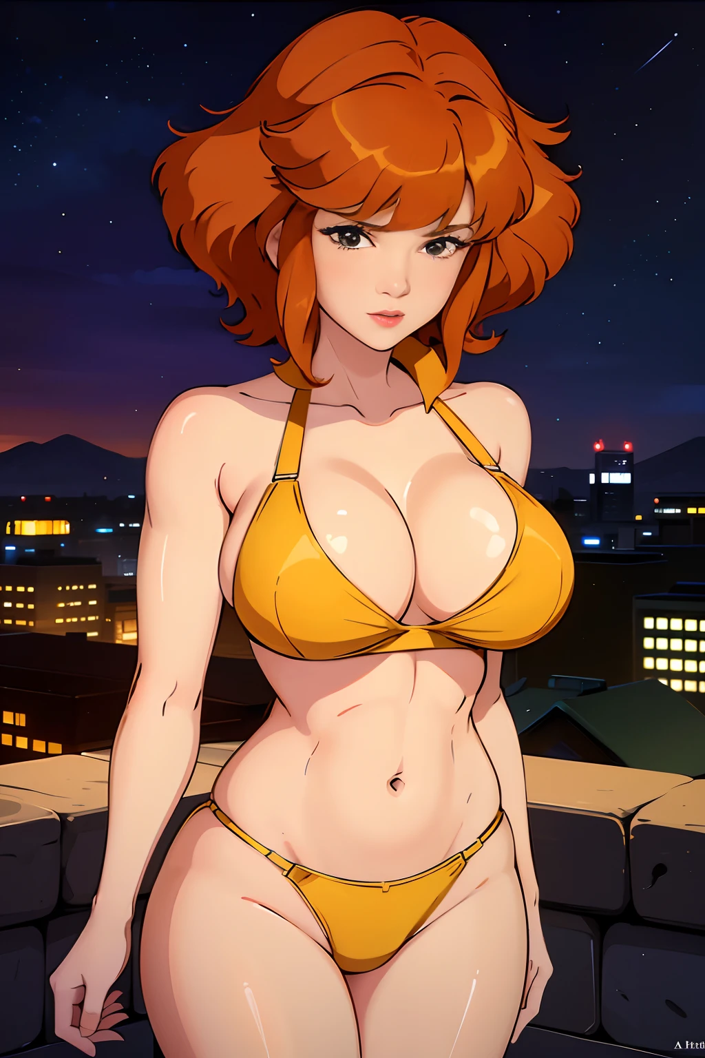 Cowboy shot, April O'Neill, 1980s \(style of\), 1girl, brown hair, orange hair, retro artstyle, Short hair, Yellow bikini, wide hips, cleavage, night city background