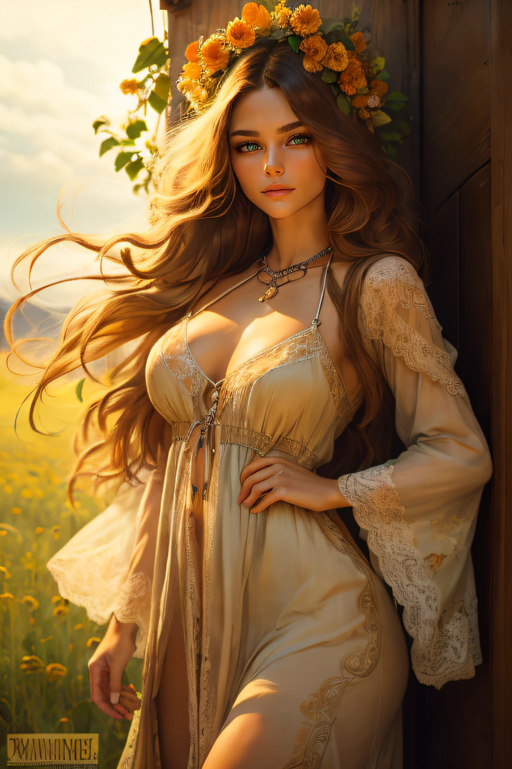 The face of a Romanian woman with green eyes and a soft, calm look, as if she were at peace with nature, is a vision of serene beauty. Her complexion carries the warm undertones of the Mediterranean, with a sun-kissed glow that hints at her connection to the outdoors. Her skin is smooth and radiant, with a subtle blush on her cheeks that mirrors the gentle flush brought on by a cool breeze.
Her green eyes are the most captivating feature of her face. They are like deep emerald pools that reflect the lush forests and rolling hills of Romania. Her eyes have a certain depth and wisdom, as if they have witnessed the passing of seasons and the secrets of the earth.
Her brows are delicately arched and frame her eyes with a graceful curve. They are full but not overly thick, contributing to the softness of her overall look. Her eyelashes are long and dark, enhancing the allure of her green eyes.
Her nose is slender and straight, with just a hint of a natural curve, giving her an air of elegance. Her lips are naturally rosy and full, with a soft, serene smile that suggests an inner peace and a connection to the tranquility of nature.
Her face is framed by long, wavy chestnut-brown hair that cascades in loose waves around her shoulders. Her hair has an earthy texture, as if it has been touched by the elements, and it flows with the grace of a gentle breeze.
Overall, this Romanian woman's face exudes a tranquil and natural beauty, evoking a sense of harmony with the world around her. It's as if she has found a sense of peace and serenity in the embrace of nature, and her face reflects that inner calm.