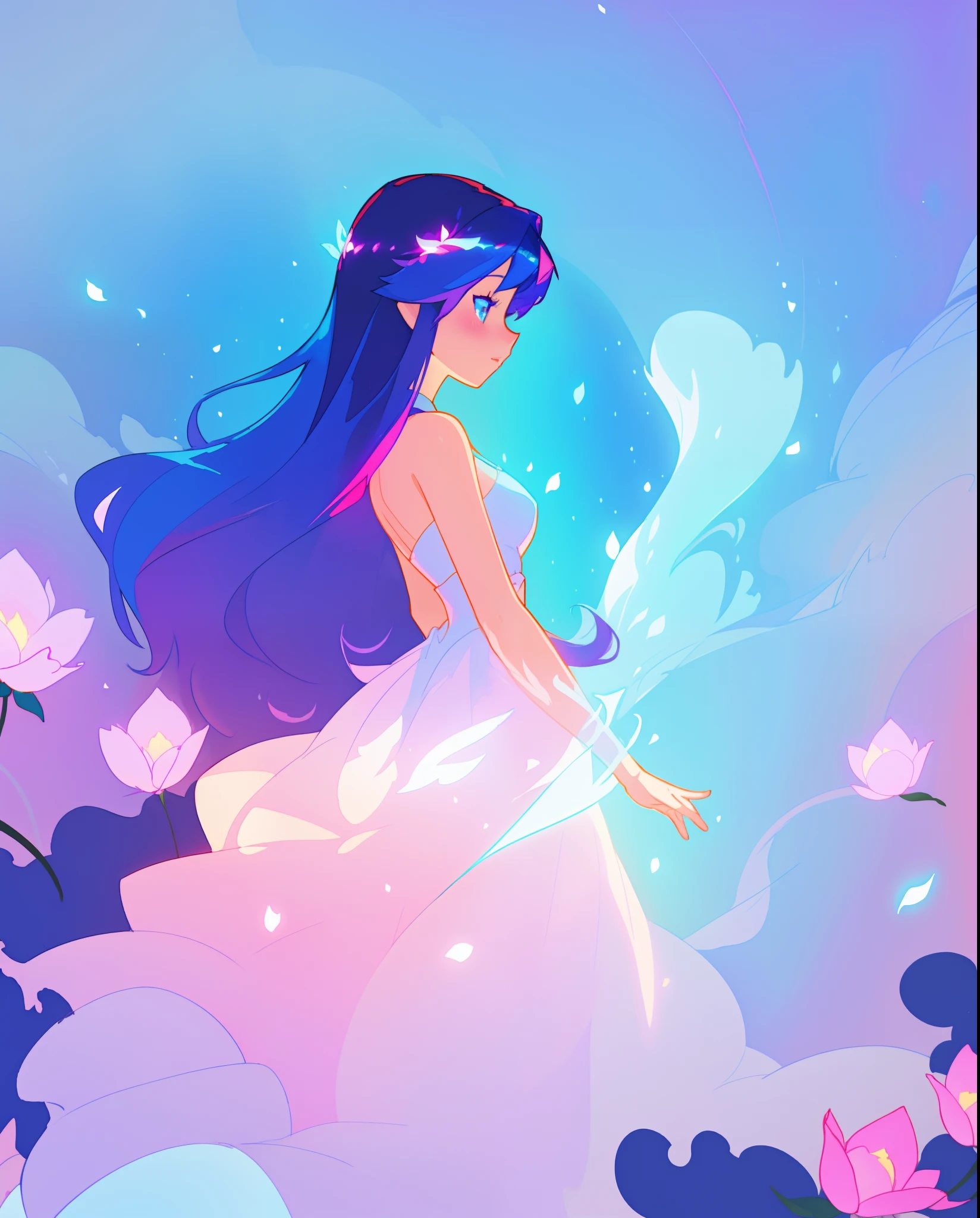 beautiful girl in puffy white ballgown, long dark hair, magical glowing blue lights, magical, whimsical, blue pink and purple colors, watercolor illustration, inspired by Glen Keane, inspired by Lois van Baarle, disney art style, by Lois van Baarle, glowing aura around her, by Glen Keane, jen bartel, glowing lights! digital painting, flowing glowing hair, glowing flowing hair, beautiful digital illustration, fantasia otherworldly landscape plants flowers, beautiful, masterpiece, best quality, anime disney style
