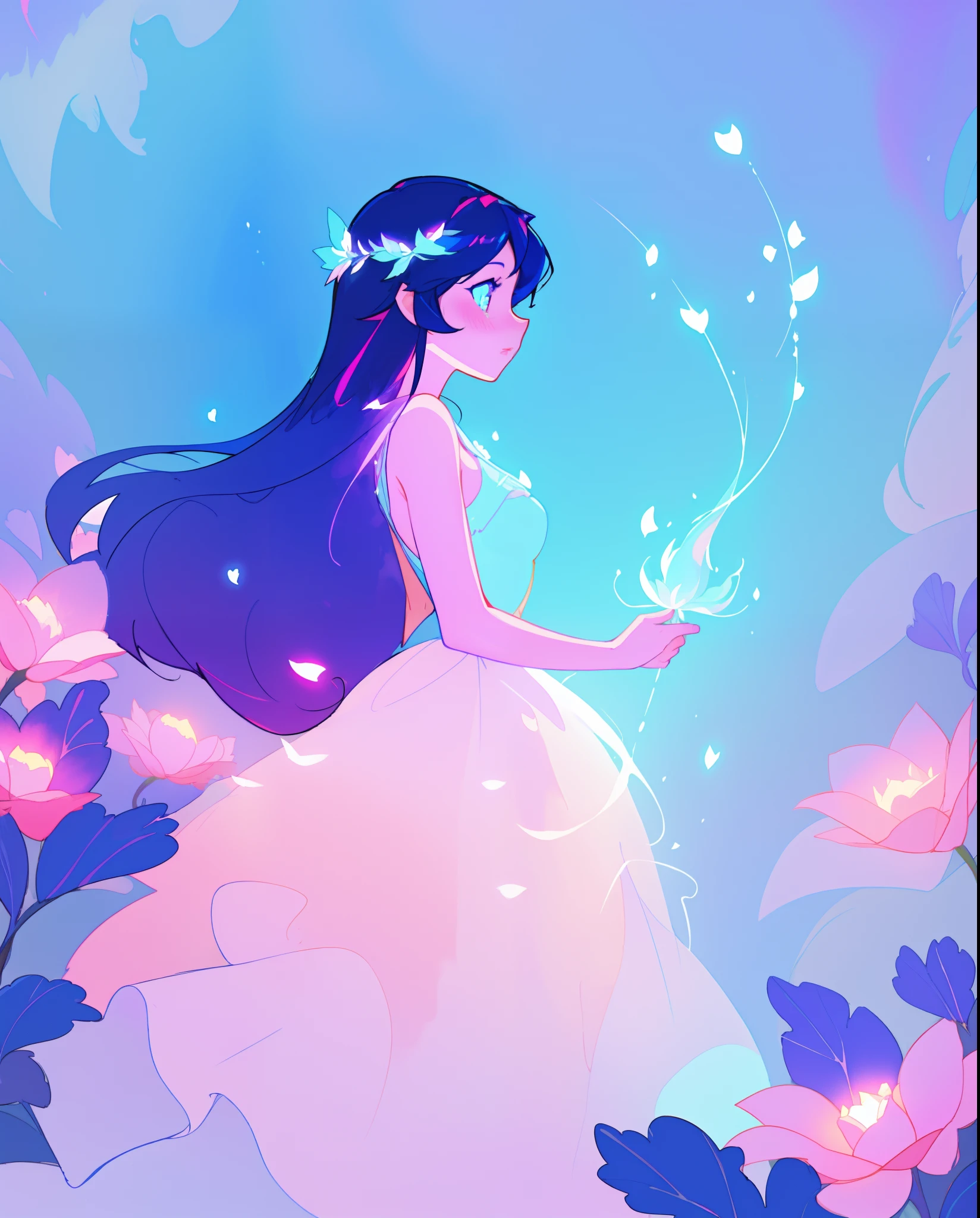 beautiful girl in puffy white ballgown, long dark hair, magical glowing blue lights, magical, whimsical, blue pink and purple colors, watercolor illustration, inspired by Glen Keane, inspired by Lois van Baarle, disney art style, by Lois van Baarle, glowing aura around her, by Glen Keane, jen bartel, glowing lights! digital painting, flowing glowing hair, glowing flowing hair, beautiful digital illustration, fantasia otherworldly landscape plants flowers, beautiful, masterpiece, best quality, anime disney style