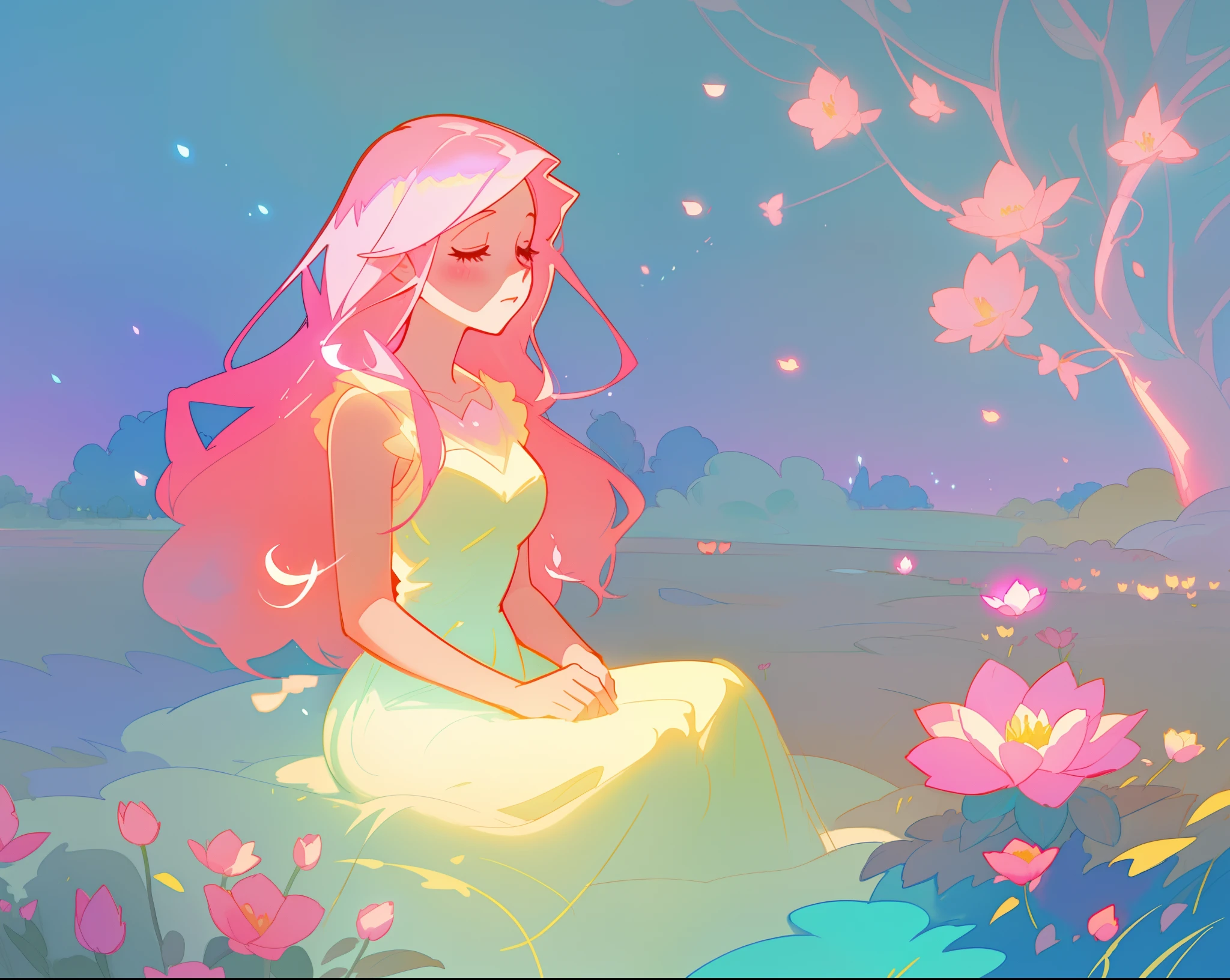 beautiful girl in white dress, fairy dress, beautiful girl sitting in a field with pink red flowers, glowing lights, whimsical landscape, long pink flowing hair, watercolor illustration, inspired by Glen Keane, inspired by Lois van Baarle, disney art style, by Lois van Baarle, glowing aura around her, by Glen Keane, jen bartel, glowing lights! digital painting, flowing glowing hair, glowing flowing hair, beautiful digital illustration, fantasia otherworldly landscape plants flowers, beautiful, masterpiece, best quality, anime disney style