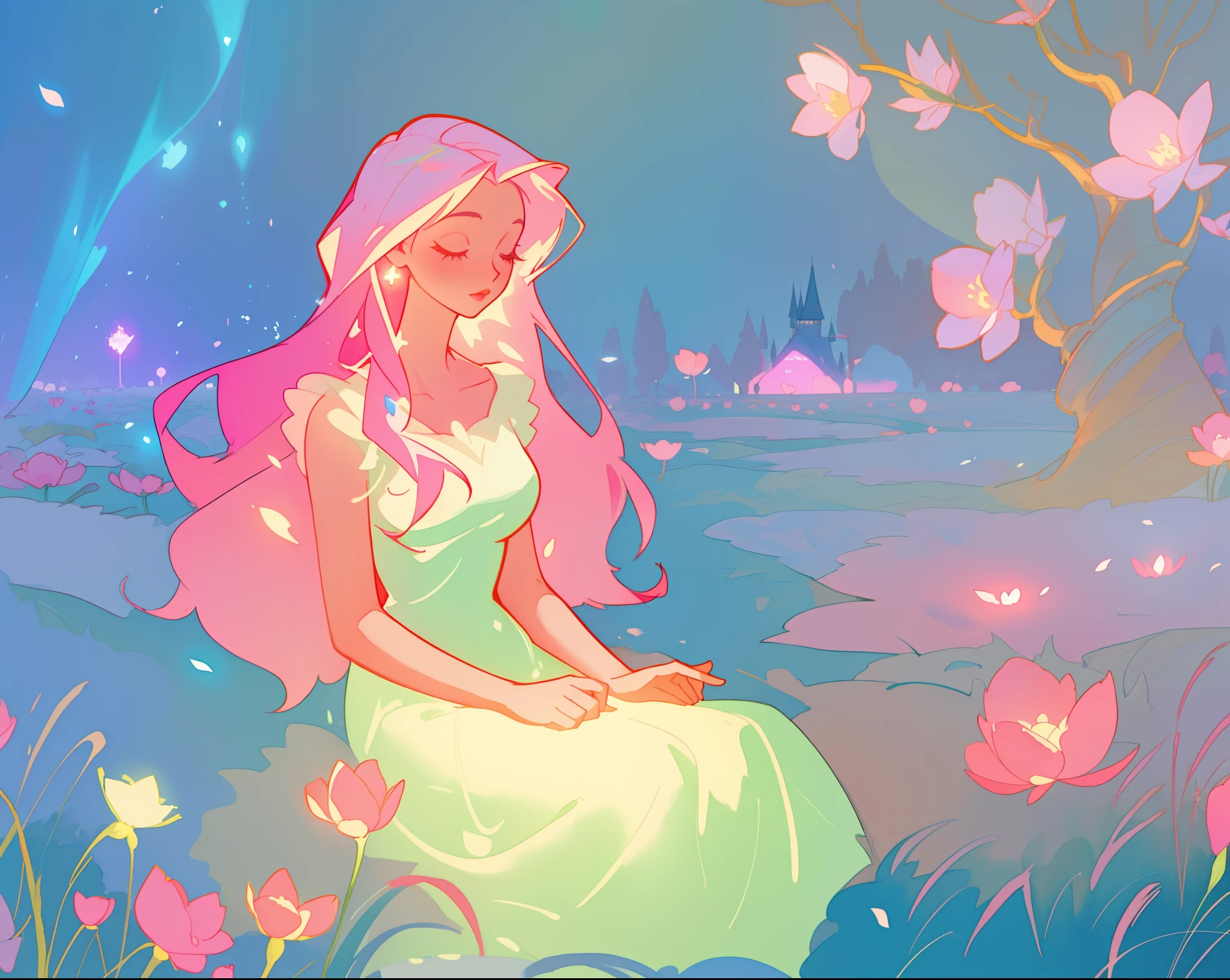 beautiful girl in white dress, fairy dress, beautiful girl sitting in a field with pink red flowers, glowing lights, whimsical landscape, long pink flowing hair, watercolor illustration, inspired by Glen Keane, inspired by Lois van Baarle, disney art style, by Lois van Baarle, glowing aura around her, by Glen Keane, jen bartel, glowing lights! digital painting, flowing glowing hair, glowing flowing hair, beautiful digital illustration, fantasia otherworldly landscape plants flowers, beautiful, masterpiece, best quality, anime disney style
