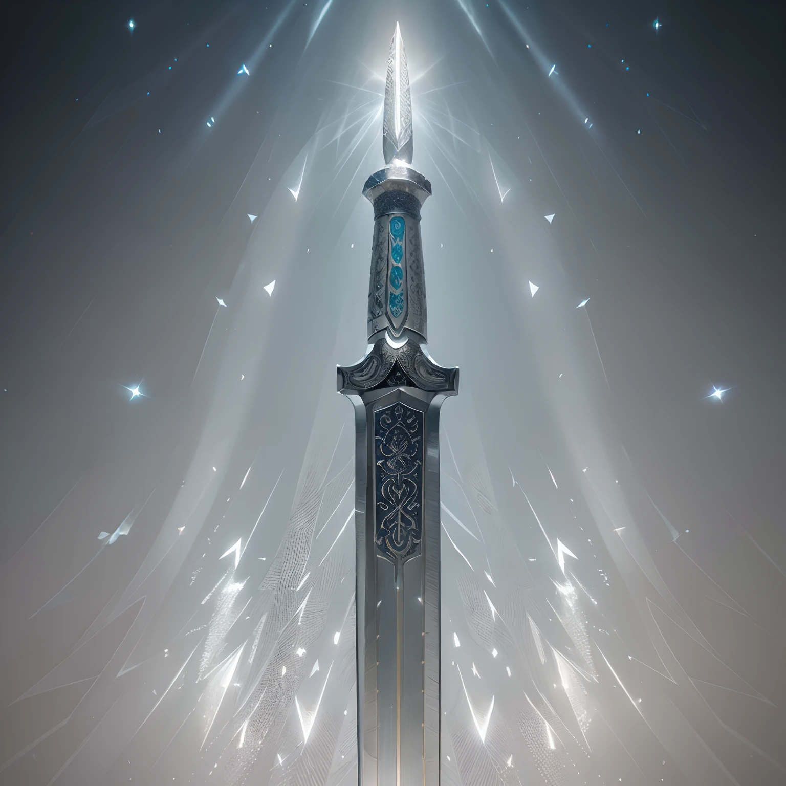a magnificent sword forged from an otherworldly alloy that shimmers with a pearlescent white glow. The hilt is adorned with intricate engravings depicting divine symbols, while the blade itself is sleek and razor-sharp, seemingly crafted from pure white light.