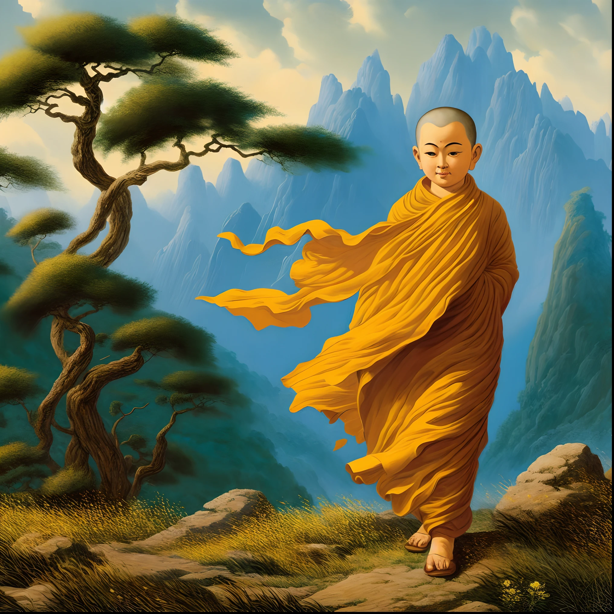 a painting of a monk walking on a mountain path, buddhist monk, 2 1 st century monk, monk, michael whelan art, portrait of monk, on path to enlightenment, monk's robe, ancient japanese monk, monk meditate, buddhist, concept art of a monk, by Michael Whelan, the buddha, buddhism, on the path to enlightenment