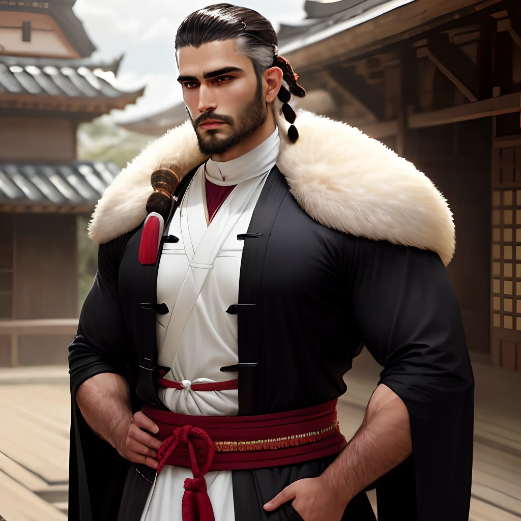 Mago: A tall, muscular, brown-haired Arab man., Barba: He has an elegant short beard that makes him look manly., Traje: Costume: Indigenous Aboriginal Style Clothing., Espada: considere empunhar uma espada de cristal., Cabelos: considere seus cabelos pretos no estilo samurai.