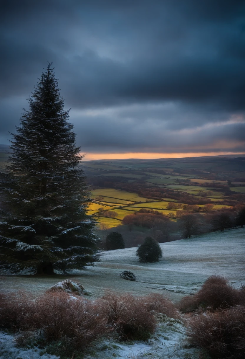 Yorkshire with a Santa Claus cap behind has a Christmas tree