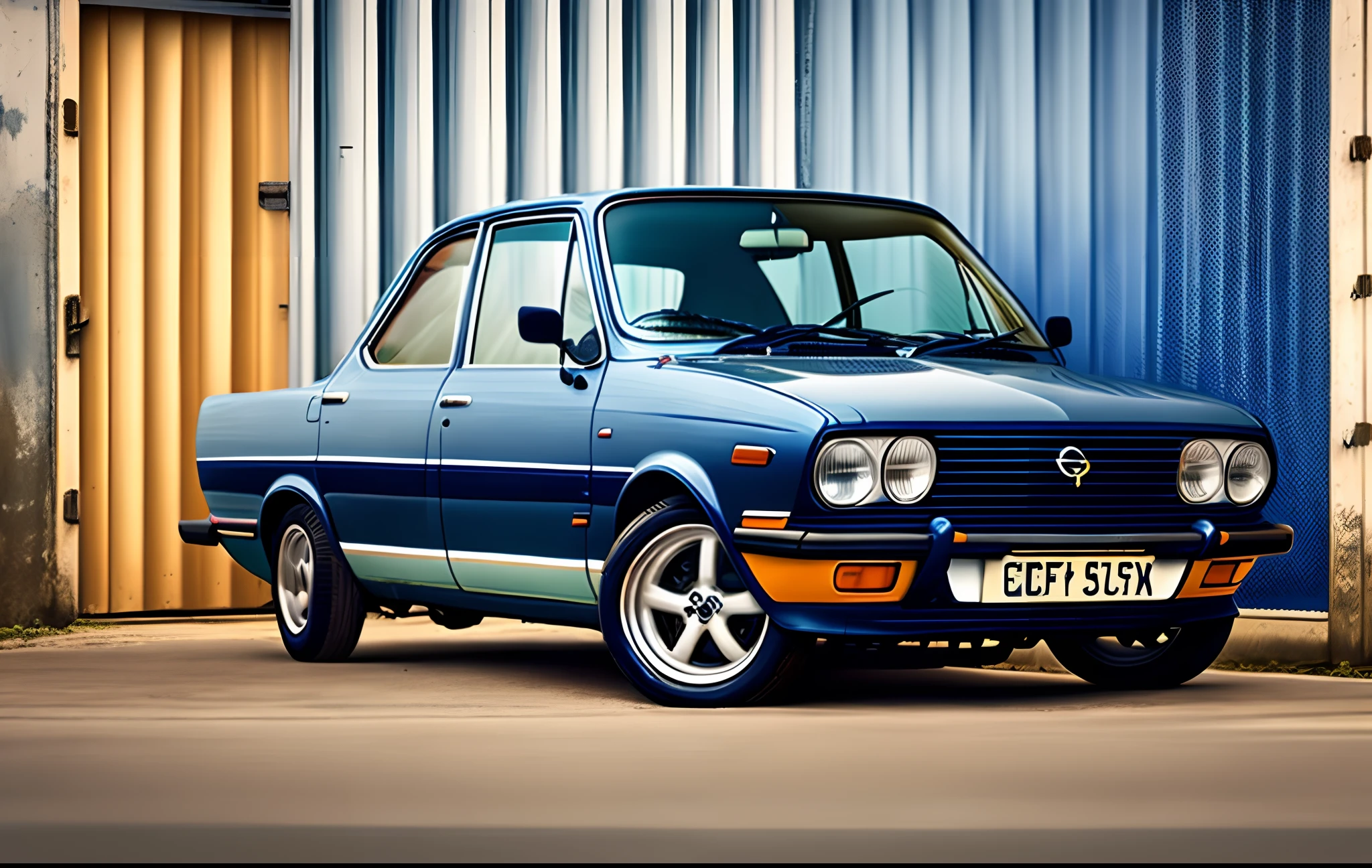 Grey Opel Kadett D with navy blue side stripe and navy blue wheels, in the theme of the cartoon "Cars" in the setting of radiatorspring