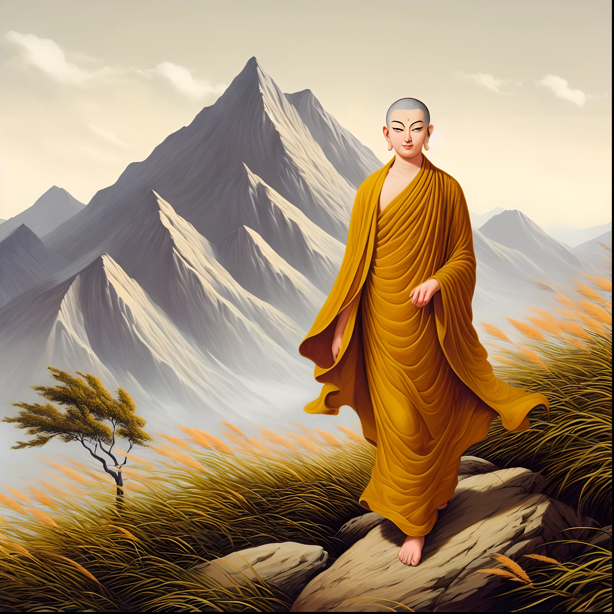 painting of a monk walking on a rock in a mountain landscape, portrait of monk, buddhist monk, monk, 2 1 st century monk, the buddha, buddhism, buddhist, monk meditate, concept art of a monk, full body picture of a male monk, samsara, inspired by Yang Buzhi, buddhist monk meditating, by David B. Mattingly