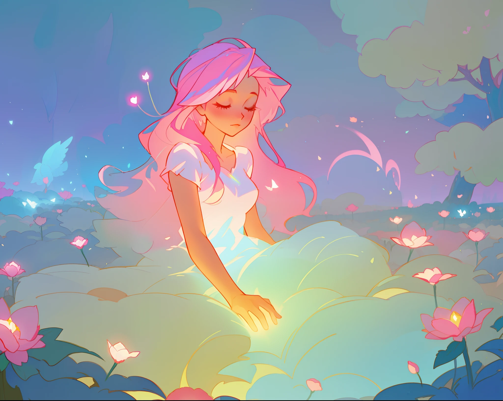 beautiful girl in white dress, fairy dress, beautiful girl sitting in a field with pink red flowers, glowing lights, whimsical landscape, long pink flowing hair, watercolor illustration, inspired by Glen Keane, inspired by Lois van Baarle, disney art style, by Lois van Baarle, glowing aura around her, by Glen Keane, jen bartel, glowing lights! digital painting, flowing glowing hair, glowing flowing hair, beautiful digital illustration, fantasia otherworldly landscape plants flowers, beautiful, masterpiece, best quality, anime disney style