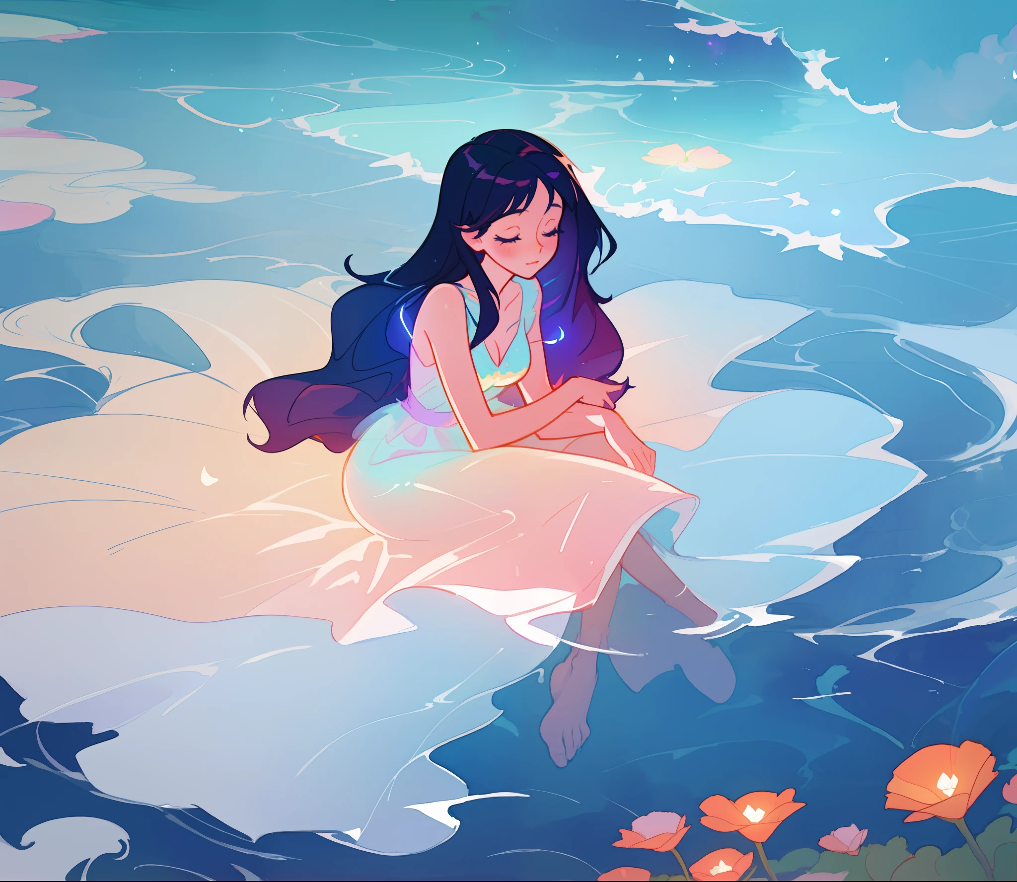 beautiful  girl covered by seafoam, long dark hair, beautiful girl sitting in the water, dress made of white seafoam, water nymph, water fairy, watercolor illustration, inspired by Glen Keane, inspired by Lois van Baarle, disney art style, by Lois van Baarle, glowing aura around her, by Glen Keane, jen bartel, glowing lights! digital painting, flowing glowing hair, glowing flowing hair, beautiful digital illustration, fantasia otherworldly landscape plants flowers, beautiful, masterpiece, best quality, anime disney style