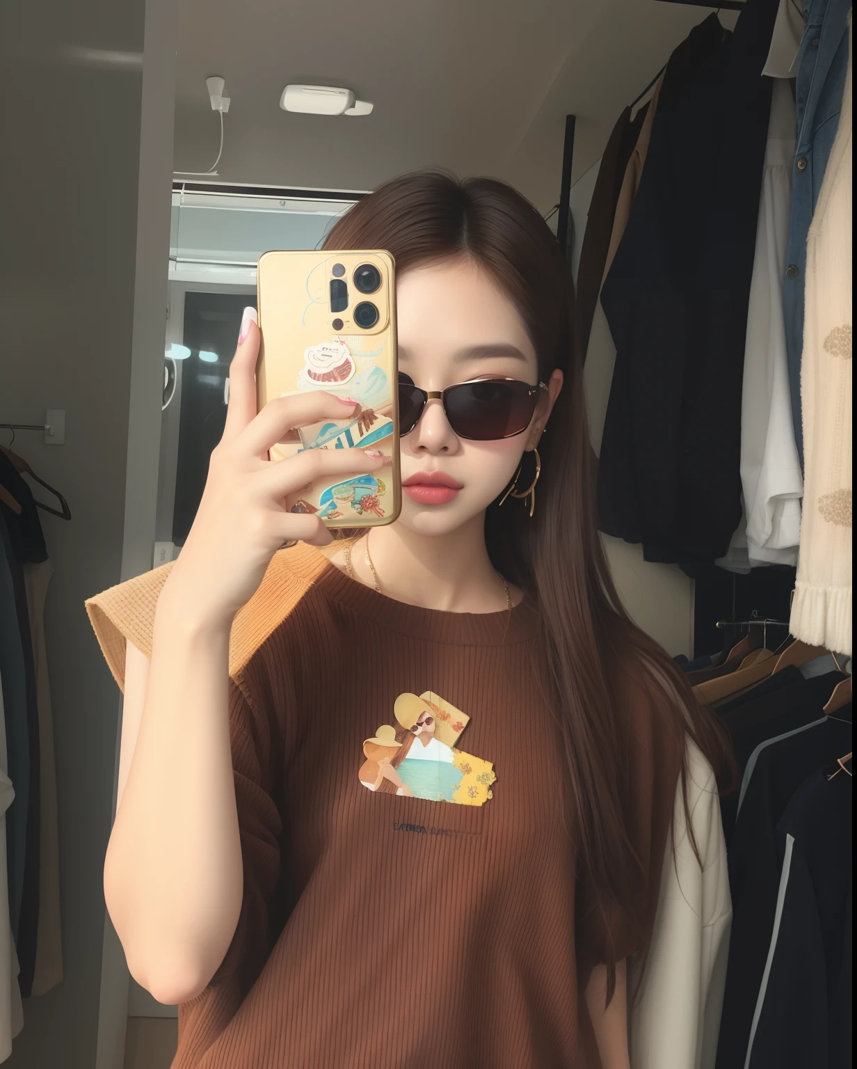 there is a woman taking a selfie in a mirror, with sun glasses, with dark brown sunglasses, Ulzzang, jennie blackpink, Heonhwa Choe, with sunglasses, vestindo um pescador 🧥, # Oc, #Oc, TaeJune Kim, gemma chen, Jaeyeon Nam, vestindo um marrom, roupas marrons, foto de perfil, vintage aesthetics