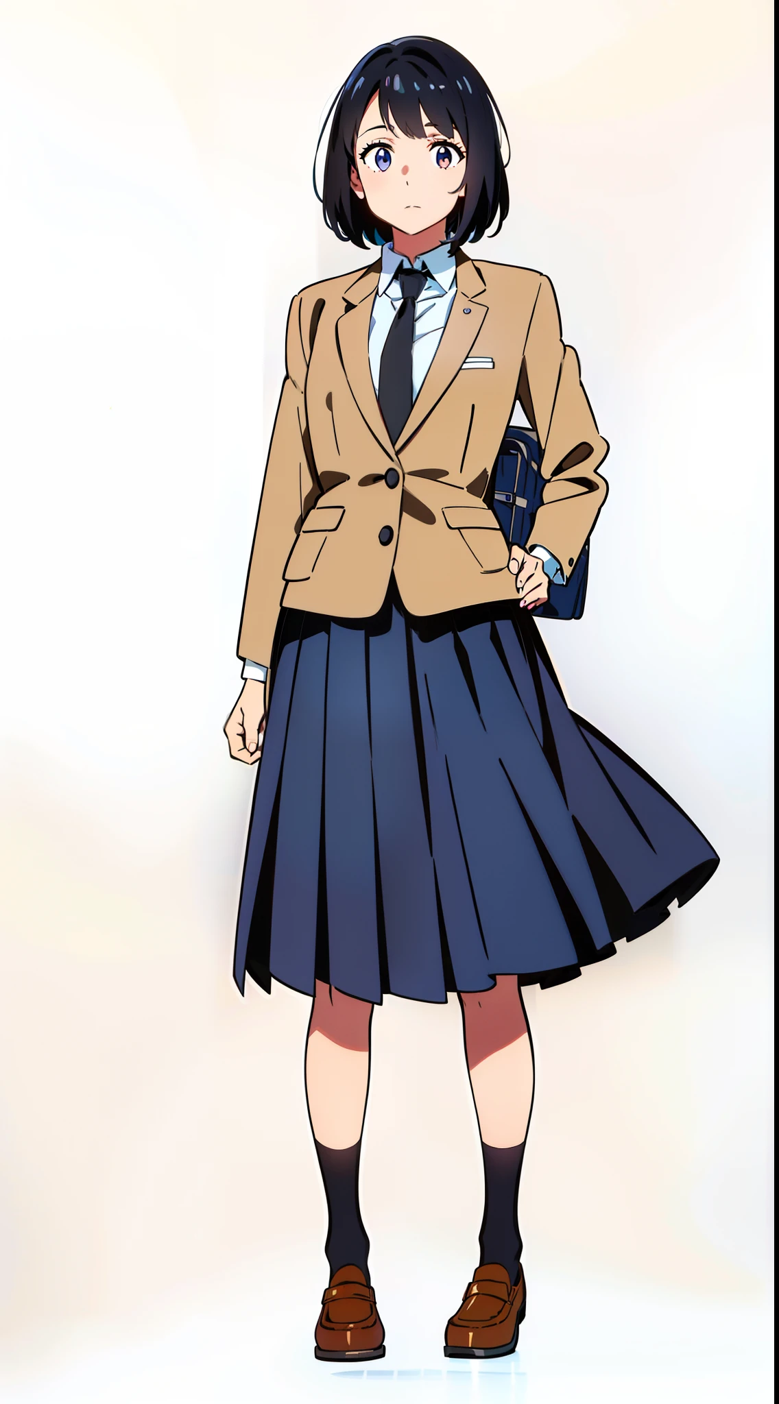 (white background:1.0), (best quality:1.0), (masterpiece:1.0), (full body), (solo:1.0), (1 cute girl:1.0), (long skirt:1.0), (dark blue skirt:1.0), (pleated skirt:1.0), (school uniform beige blazer:1.0), (dark blue necktie:1.0), (black socks:1.0), (loafers:1.0), (tall:1.0), (slender:1.0), (small breasts:1.0), (detailed beautiful eyes:1.0), (detailed beautiful face:1.0), (glowing black eyes:1.0), (short hair:1.0), (strait hair:1.0), (black hair:1.0)