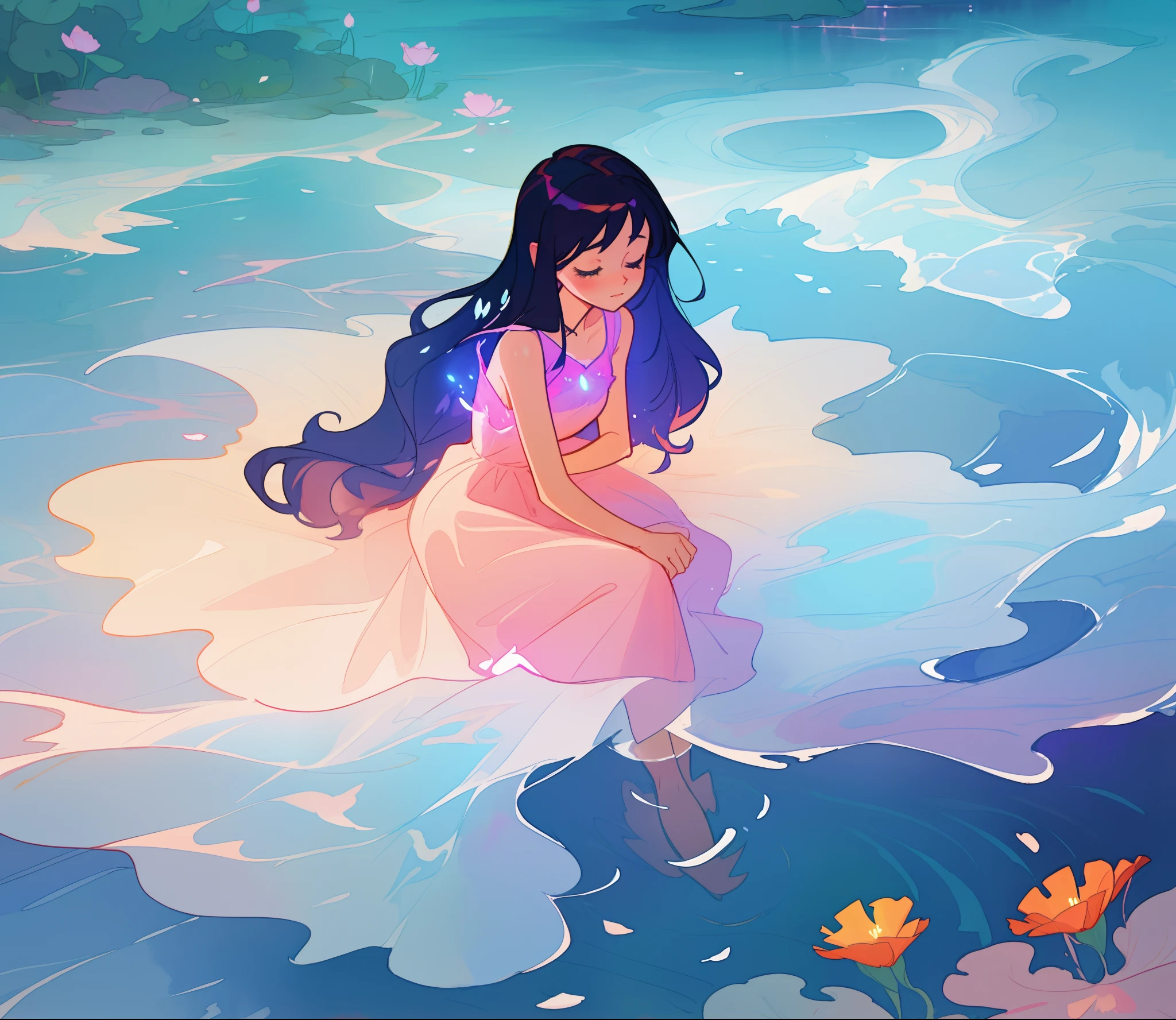 beautiful girl covered by seafoam, long dark hair, beautiful girl sitting in the water, dress made of white seafoam, water nymph, water fairy, watercolor illustration, inspired by Glen Keane, inspired by Lois van Baarle, disney art style, by Lois van Baarle, glowing aura around her, by Glen Keane, jen bartel, glowing lights! digital painting, flowing glowing hair, glowing flowing hair, beautiful digital illustration, fantasia otherworldly landscape plants flowers, beautiful, masterpiece, best quality, anime disney style