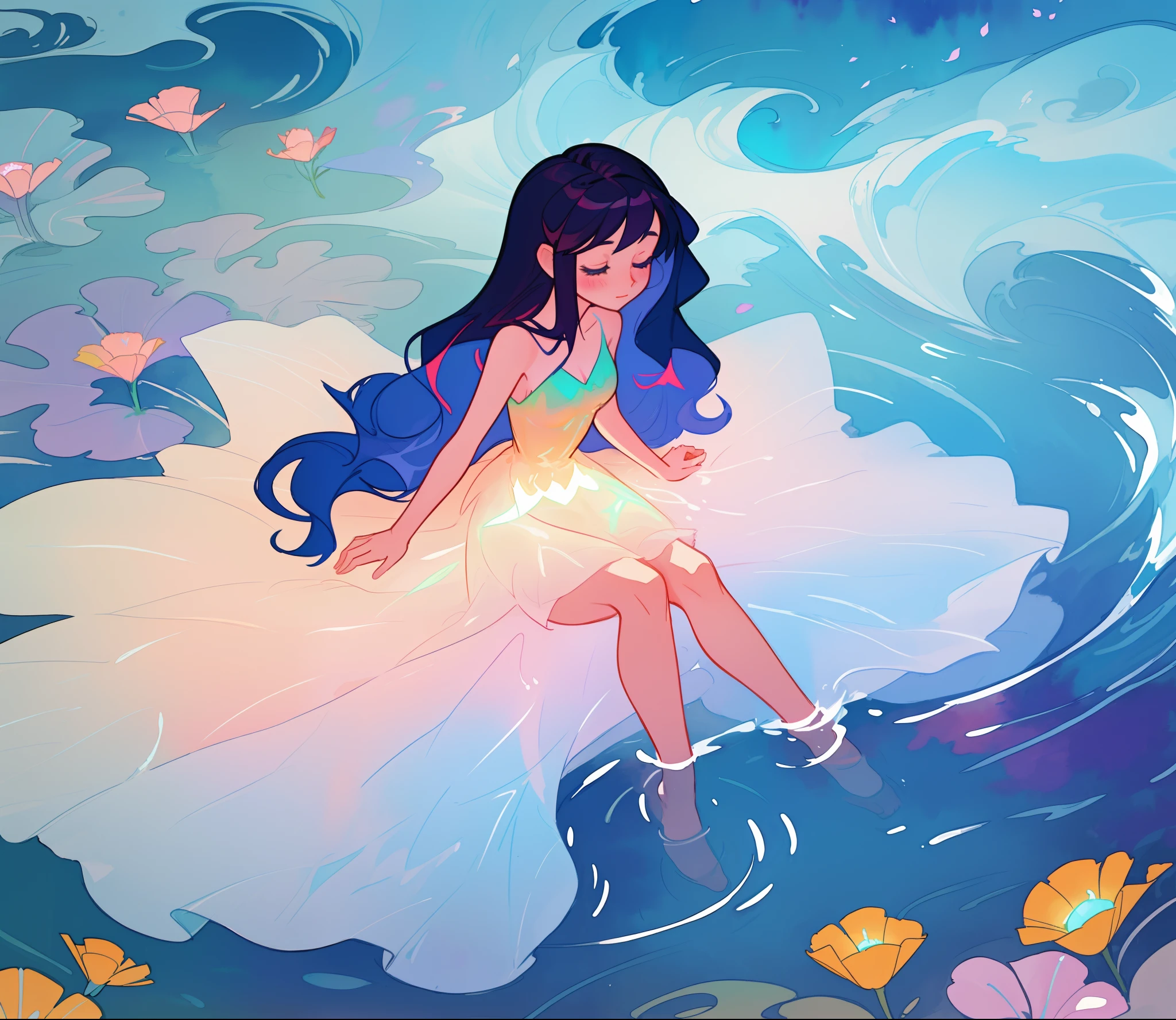beautiful girl covered by seafoam, long dark hair, beautiful girl sitting in the water, dress made of white seafoam, water nymph, water fairy, watercolor illustration, inspired by Glen Keane, inspired by Lois van Baarle, disney art style, by Lois van Baarle, glowing aura around her, by Glen Keane, jen bartel, glowing lights! digital painting, flowing glowing hair, glowing flowing hair, beautiful digital illustration, fantasia otherworldly landscape plants flowers, beautiful, masterpiece, best quality, anime disney style