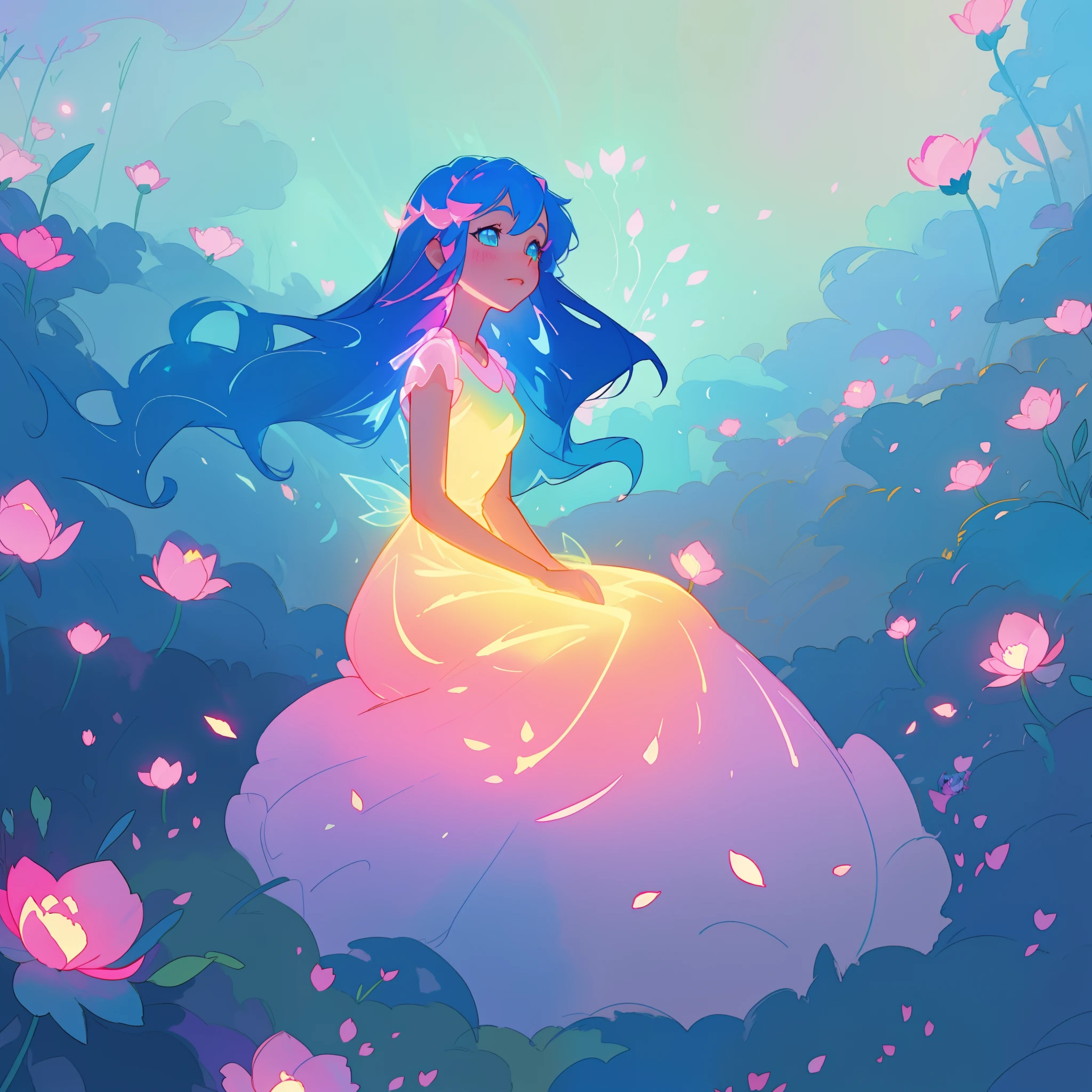 beautiful girl in gradient colorful dress, yellow pink purple fairy dress, beautiful girl sitting in a field with pink red flowers, puffy pink flowers, glowing lights, whimsical landscape, long dark blue flowing hair, watercolor illustration, inspired by Glen Keane, inspired by Lois van Baarle, disney art style, by Lois van Baarle, glowing aura around her, by Glen Keane, jen bartel, glowing lights! digital painting, flowing glowing hair, glowing flowing hair, beautiful digital illustration, fantasia otherworldly landscape plants flowers, beautiful, masterpiece, best quality, anime disney style