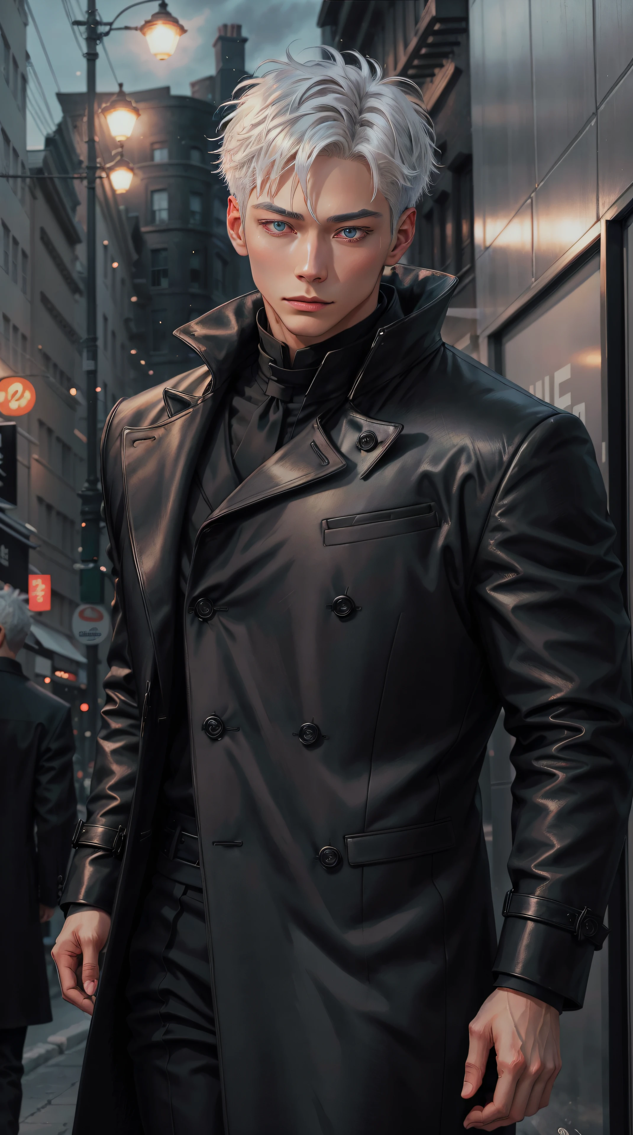 black winter male overcoat black clothing,satoru gojo,white hair,short hair,hair between eyes,blue eyes,colored eyelashses,dark formal suit, black formal outfit, black coat, walking straight,(photorealistic:1.4), (masterpiece, sidelighting, finely detailed beautiful eyes: 1.2),black gloves, full body shot,
