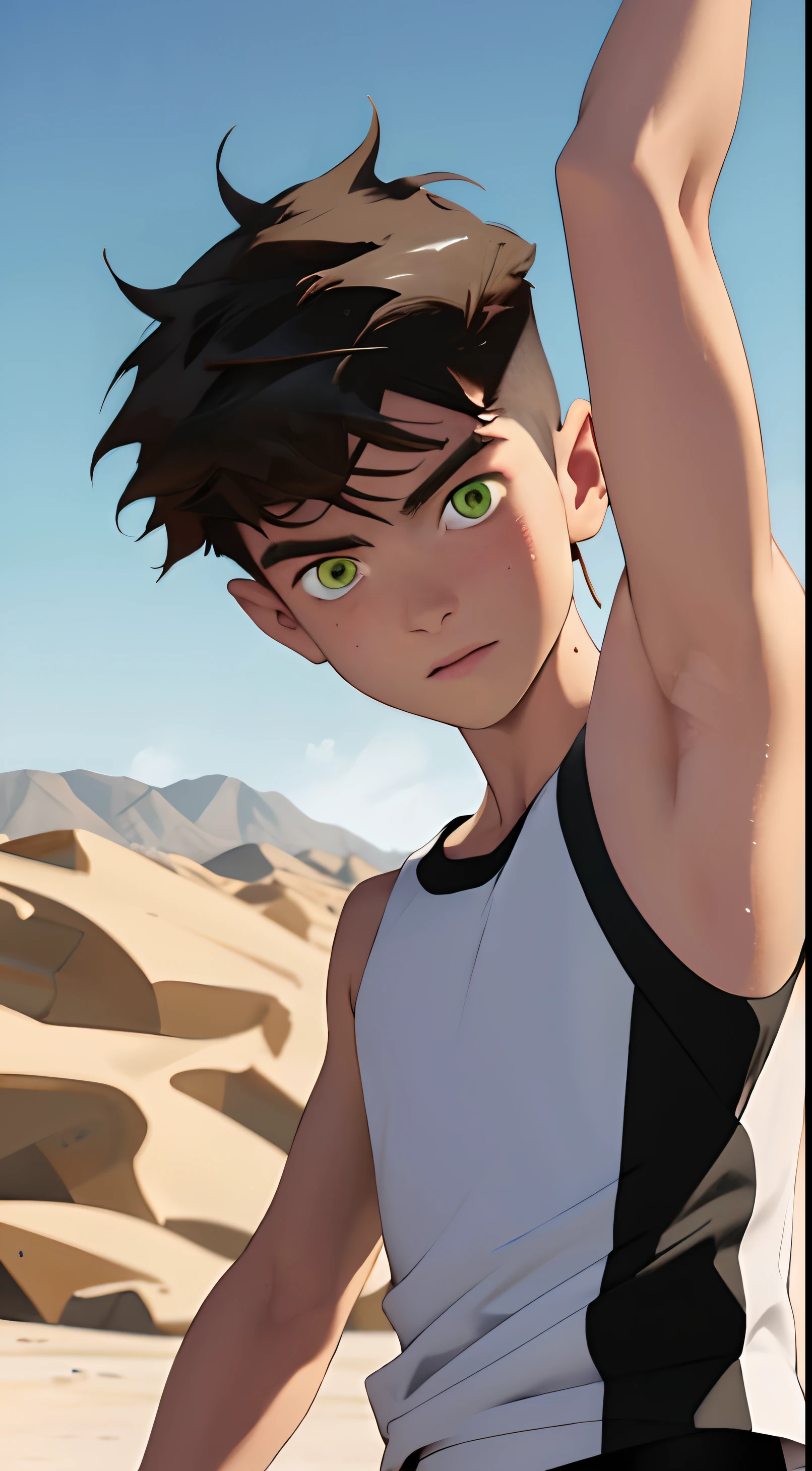 Highres, Masterpiece, Best quality at best,Best Quality, 1boy, bentennyson, green eyes, cargo pants, watch, white tank top, close-up the body, upper body,  hot day, desert, sweat, (armpit)