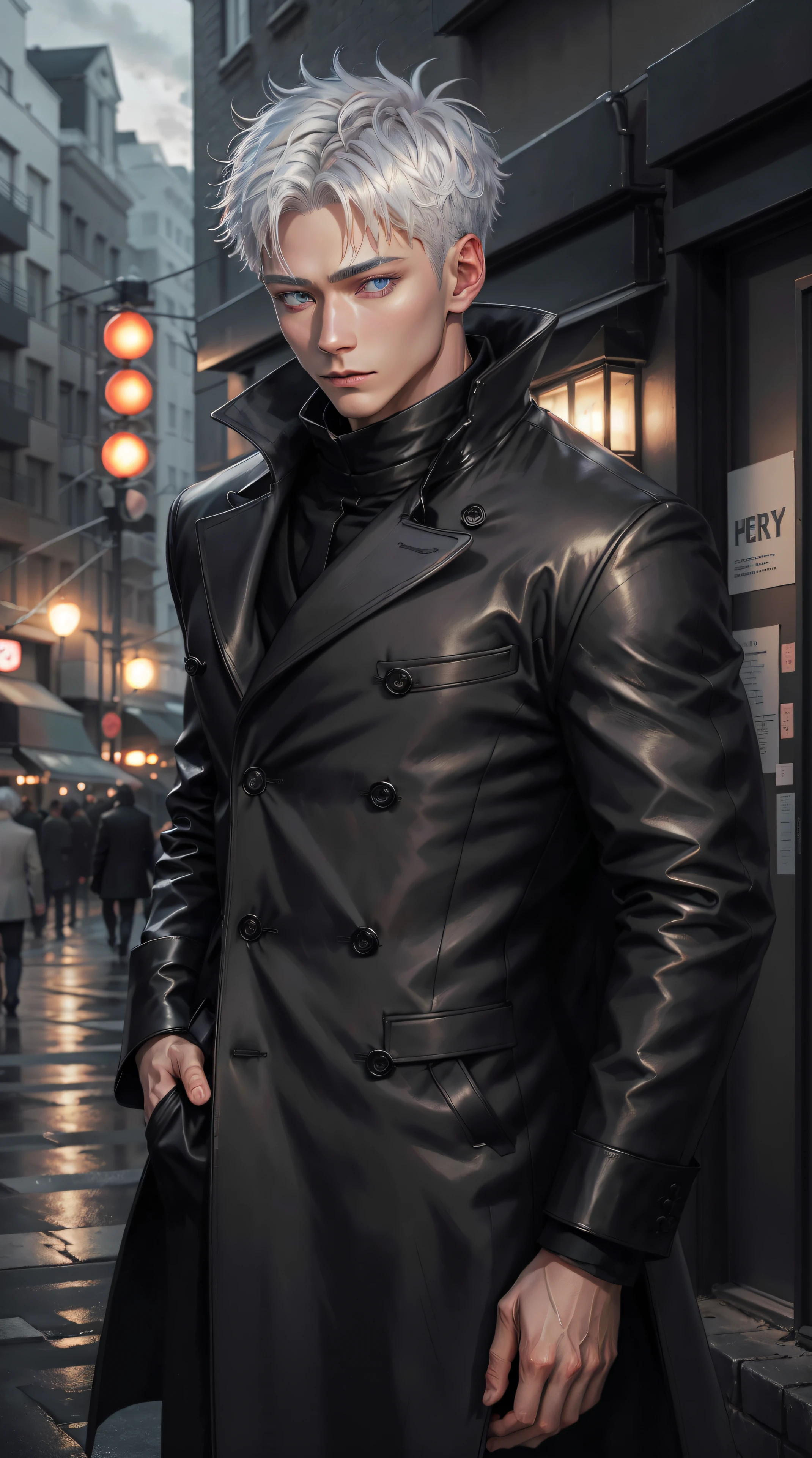 black winter male overcoat black clothing,satoru gojo,white hair,short hair,hair between eyes,blue eyes,colored eyelashses,dark formal suit, black formal outfit, black coat, walking straight,(photorealistic:1.4), (masterpiece, sidelighting, finely detailed beautiful eyes: 1.2),black gloves, full body shot,