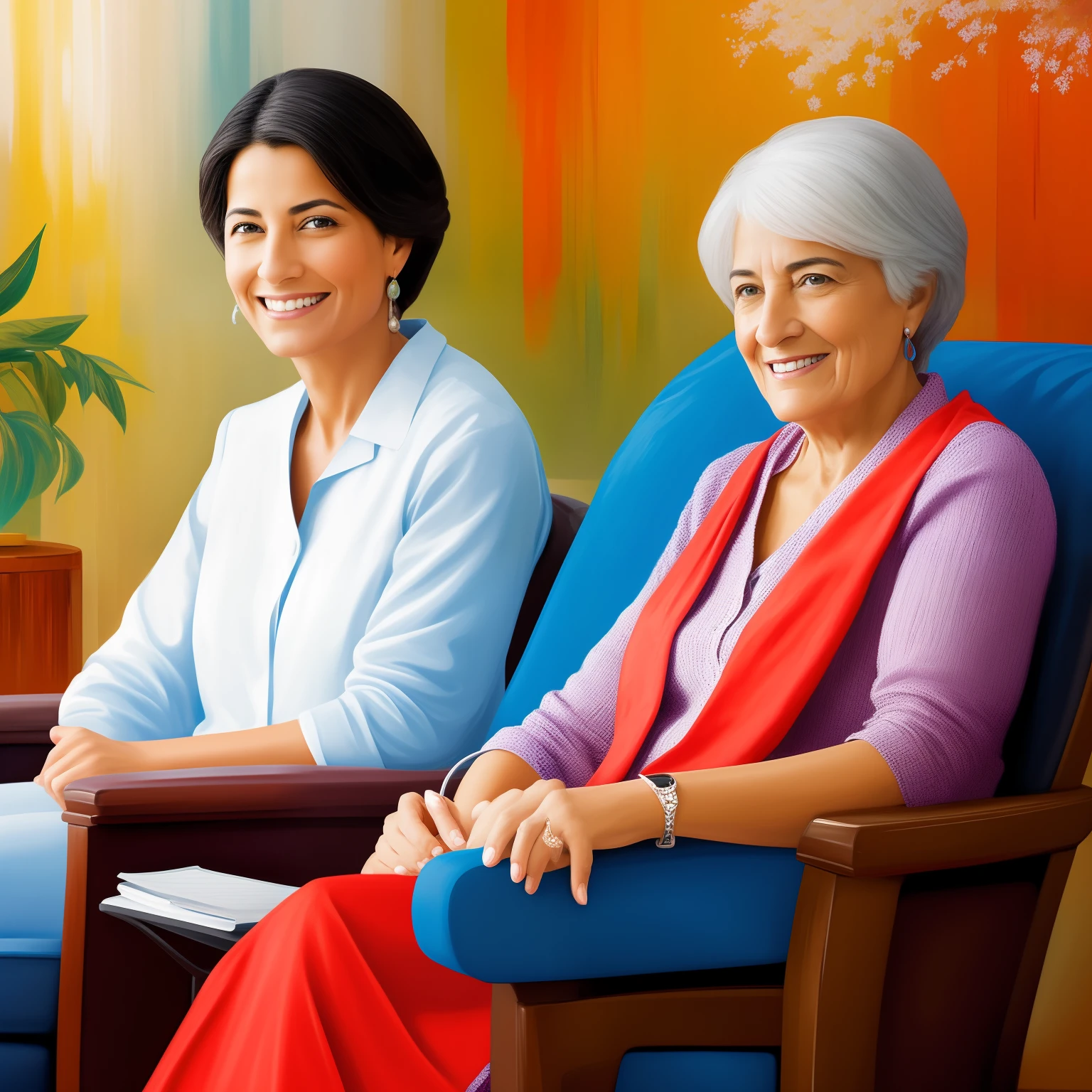 a smiling psychologist sitting in her armchair assisting her patient who is sitting in another armchair. Estilo de pintura: "impressionismo", com cores vibrantes bem definidas em 8K. Paint in such a way that characters are easily recognizable and reveal the perfection of the characters' facial expressions.