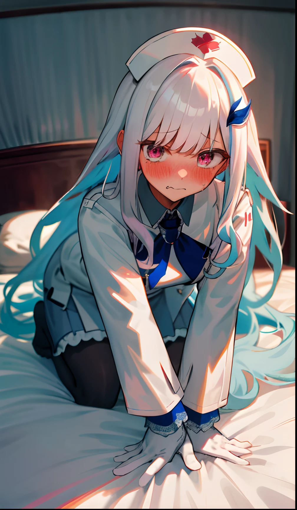 One girl with long wavy hair, Full limbs, white hair, looking at viewer, embarrassed, blushing, tears, indoor , nurse, white shirt, puff long sleeves, mini skirt, thigh, perfect waist, noon atmosphere, hair ornament, Pov, Crawling on all fours on the bed, bed , lace gloves, pantyhose, nurse hat, (embarrassed:1.0)