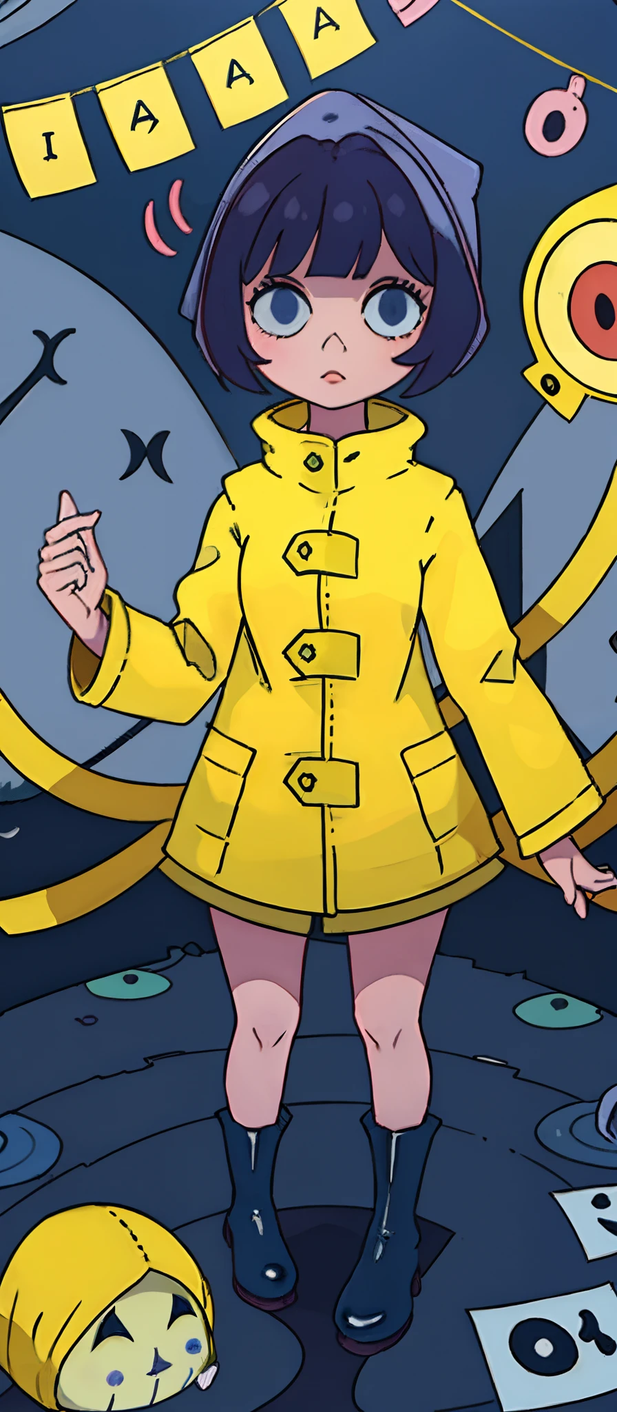 uma menina dos desenhos animados em um casaco amarelo e botas, capa de chuva amarela, seis de pequenos pesadelos, menina na capa de chuva, she is wearing a wet coat, pequenos pesadelos, menina retroiluminada na capa de chuva, latex suit and raincoat, Coraline, render de abril, chuva!!!!, Yume Nikki, com panos amarelos, Faye Valentim, vestes amarelas, rainy scenery.