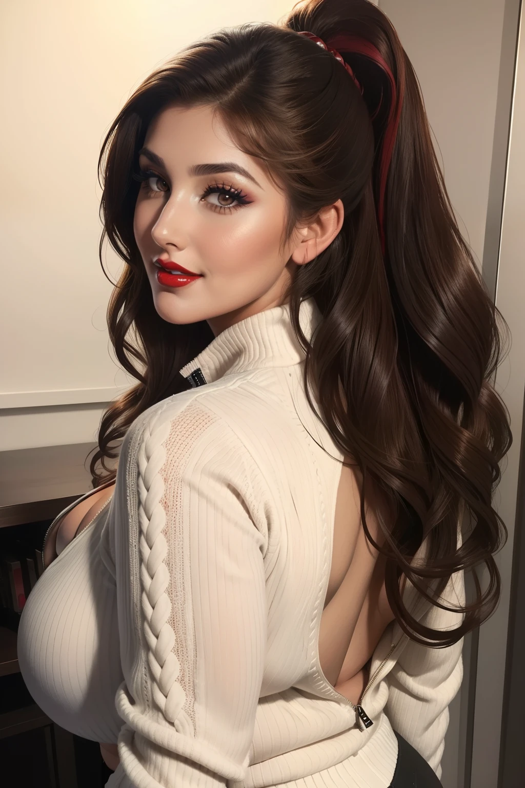 Lucy Pinder, Face portrait, Beautiful face, smiling, brown hair, very curly hair, ponytail, cleavage, ((Very intense makeup)), ((Red lipstick)), Back, white blouse, black sweater with zipper, black formal pants, beautiful buttocks, ((voluptuous woman))