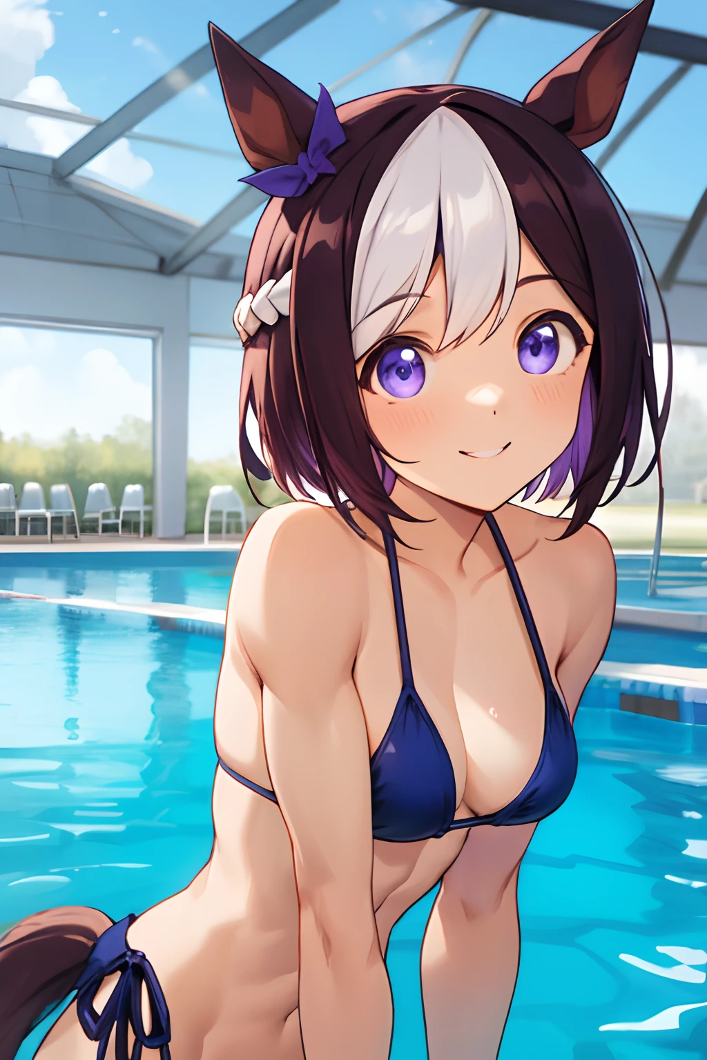 special week \(umamusume\),(ultra-detailed face),masterpiece, best quality,muscular girl, abs, upper body, plain bikini, horse tail, pool, smile, detailed clear eyes, frontage, slender