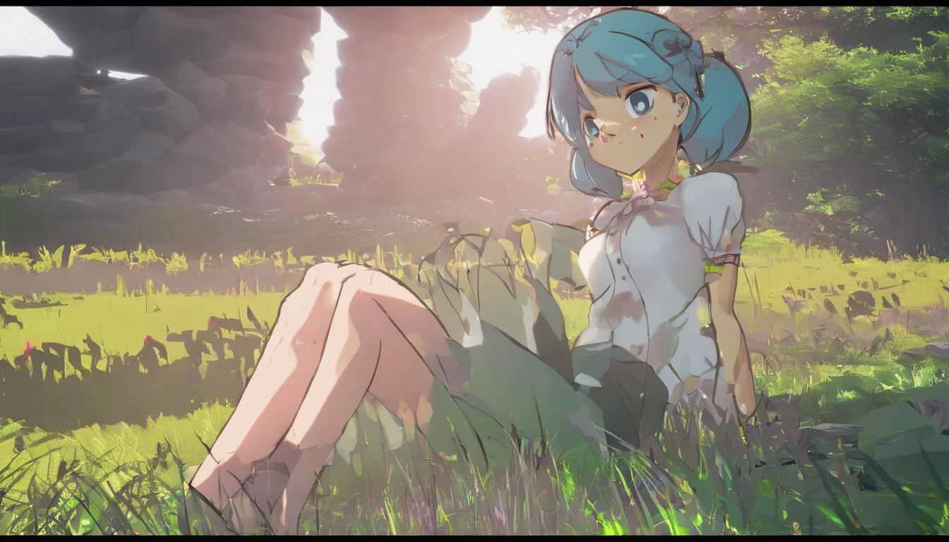 1girl, barefoot, feet, skirt, breasts, outdoors, looking_at_viewer, tree, blush, bare_legs, sitting, solo, large_breasts, black_skirt, mole, legs, bare_shoulders, toes, thighs, shirt, off_shoulder, sidelocks, bush, day, long_sleeves, leg_hug, mole_under_eye, pleated_skirt, mole_under_mouth, "glow effects, godrays, Hand drawn, render, 8k, octane render, cinema 4d, blender, dark, atmospheric 4k ultra detailed, cinematic, Sharp focus, big depth of field, Masterpiece, colors, 3d octane render, 4k, concept art, trending on artstation, hyperrealistic, Vivid colors, extremely detailed CG unity 8k wallpaper, trending on CGSociety, Intricate, High Detail, dramatic", anime coloring, anime screencap, sweating, steaming body, fog
