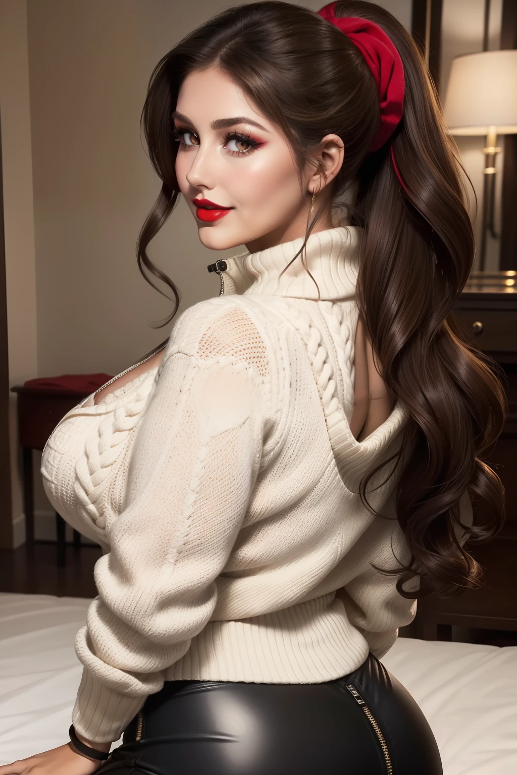 Lucy Pinder, Face portrait, Beautiful face, smiling, brown hair, frizzy hair, ponytail, cleavage, ((Very intense makeup)), ((Red lipstick)), Back, white blouse, ((sweater) black with zipper), black formal pants, beautiful buttocks, ((Voluptuous woman))