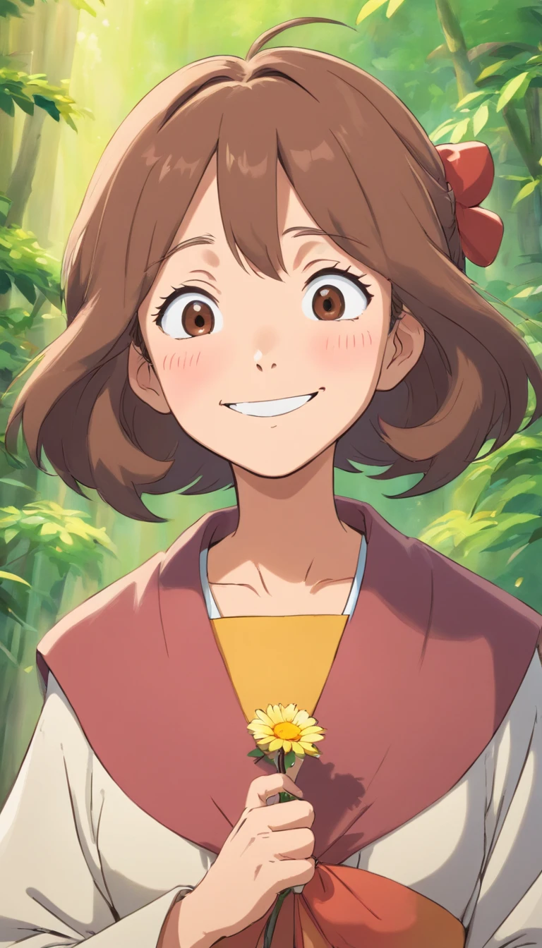 Old Woman,Brown hair,Aunt's expression,Front view,,Smiling face.