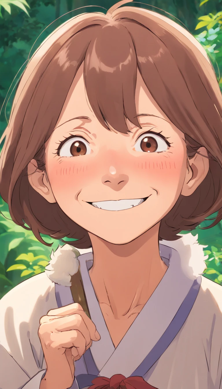 Old Woman,Brown hair,Aunt's expression,Front view,,Smiling face.