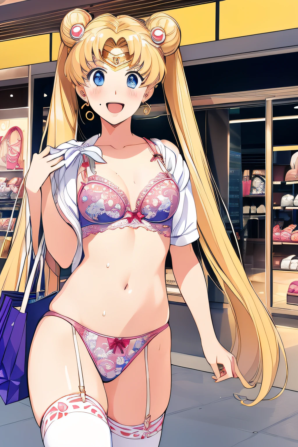 (solo, 1girl), (absurdres, ,highres, official wallpaper, poster), (masterpiece, best quality:1.2), (illustration, realistic), (perfect details, highest detailed, extreme detailed), dramatic light, Tsukino Usagi, (sailor moon, blonde hair, twintails, circlet, jewelry, crescent earrings),((print lingerie), (print bra), (print panties), white thighhighs), (shop, mall, clothes shop, business), (blush, excited, happy, smile, open mouth, shopping bag, waling, sweat)