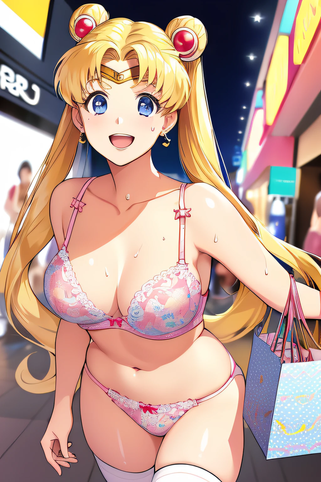 (solo, 1girl), (absurdres, ,highres, official wallpaper, poster), (masterpiece, best quality:1.2), (illustration, realistic), (perfect details, highest detailed, extreme detailed), dramatic light, Tsukino Usagi, (sailor moon, blonde hair, twintails, circlet, jewelry, crescent earrings),((print lingerie), (print bra), (print panties), white thighhighs), (shop, mall, clothes shop, business), (blush, excited, happy, smile, open mouth, shopping bag, waling, sweat)