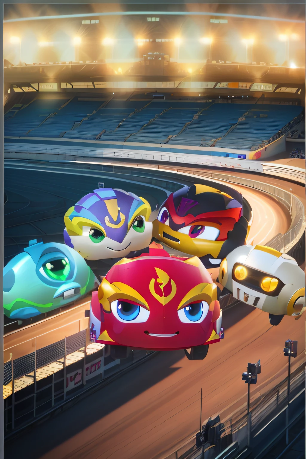 cartoon cars are lined up on a track in a stadium, mobile game art, mobile game background, new ai race, mobile game asset, mobile game style, 3 d icon for mobile game, mobile game, cute cyber gods, racers, alien racing drivers, wallpaper - 1 0 2 4, game icon asset, race, game promotional poster, game poster