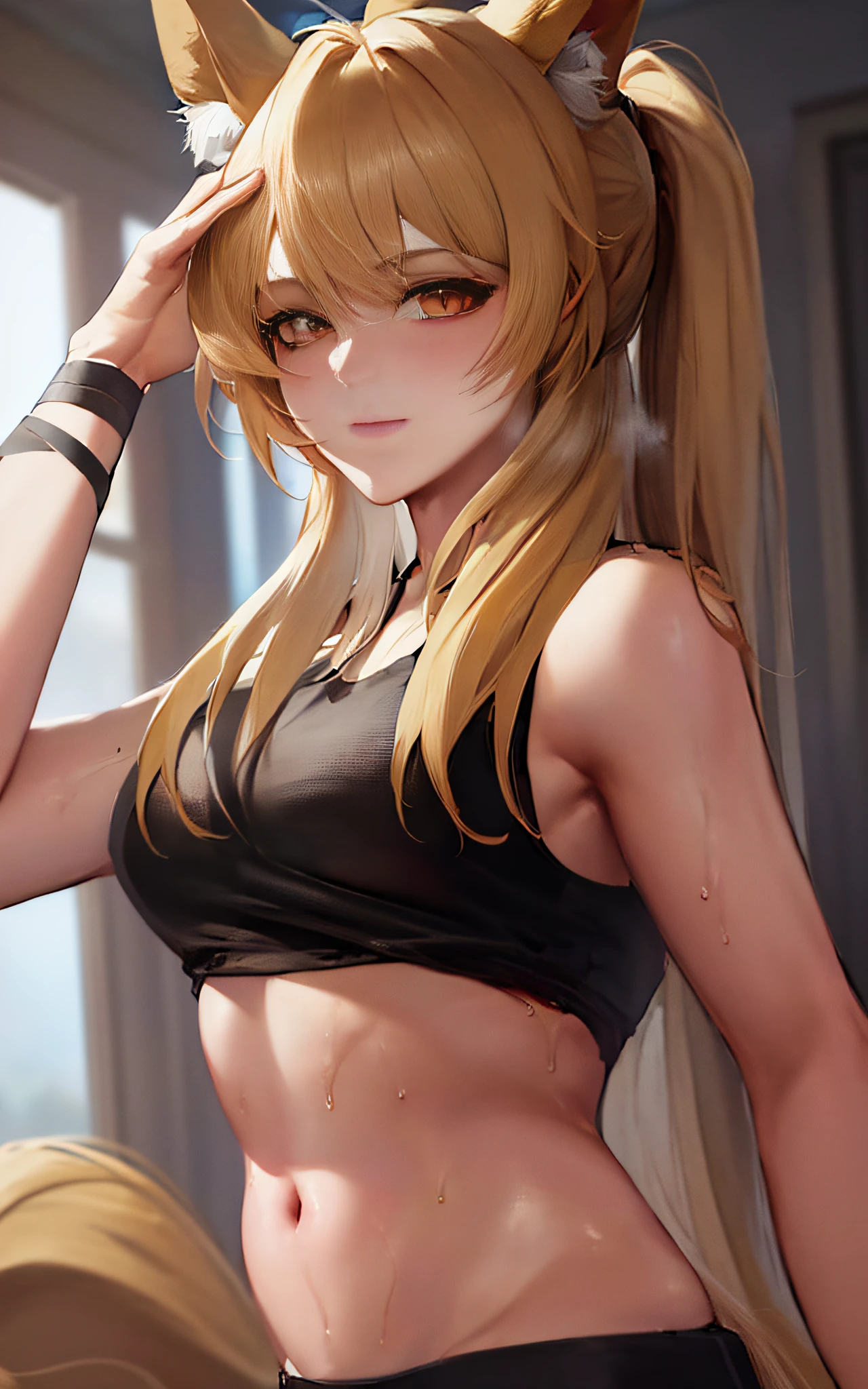 (((good face, good eyes, beautiful face, good mouth, good nose, glowing eyes))), (((stomach, nice belly, thin, toned, ribs, nice navel))), (((perfect anatomy))), ((anime girl, anime)), detailed background, highres, official art, (masterpiece, best quality, absurdres), ((((1girl, solo)))), solo focus, ((extreme detail)), (ultra-detailed), (textured skin), (((very clear))), best quality, masterpiece, highres, solo, yellow eyes, black sports bra, black shorts, bare arms, bare shoulders, (horse tail, horse ears, animal ear fluff, long hair), blonde hair, ponytail, wrist wrap, medium breasts, crop top, midriff, looking at viewer, upper body, hand on own head, (sweat), closed mouth, indoors, gym