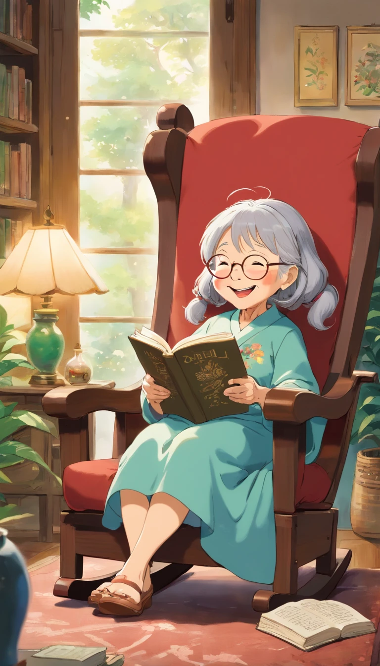 Grandma is sitting in a rocking chair reading a book，happily laughing，Scenes of happiness in the later years、Front-facing figure