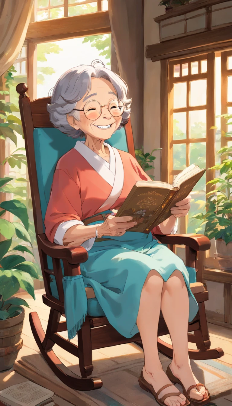 Grandma is sitting in a rocking chair reading a book，happily laughing，Scenes of happiness in the later years、Front-facing figure