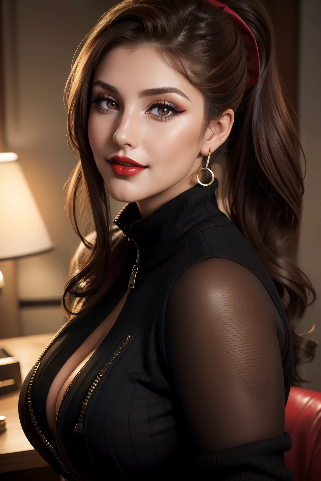 Lucy Pinder, Face portrait, Beautiful face, smiling, brown hair, frizzy hair, ponytail, cleavage, ((Very intense makeup)), ((Red lipstick)), blouse, ((sweater) black with zipper), black formal pants, beautiful buttocks, ((Voluptuous woman))