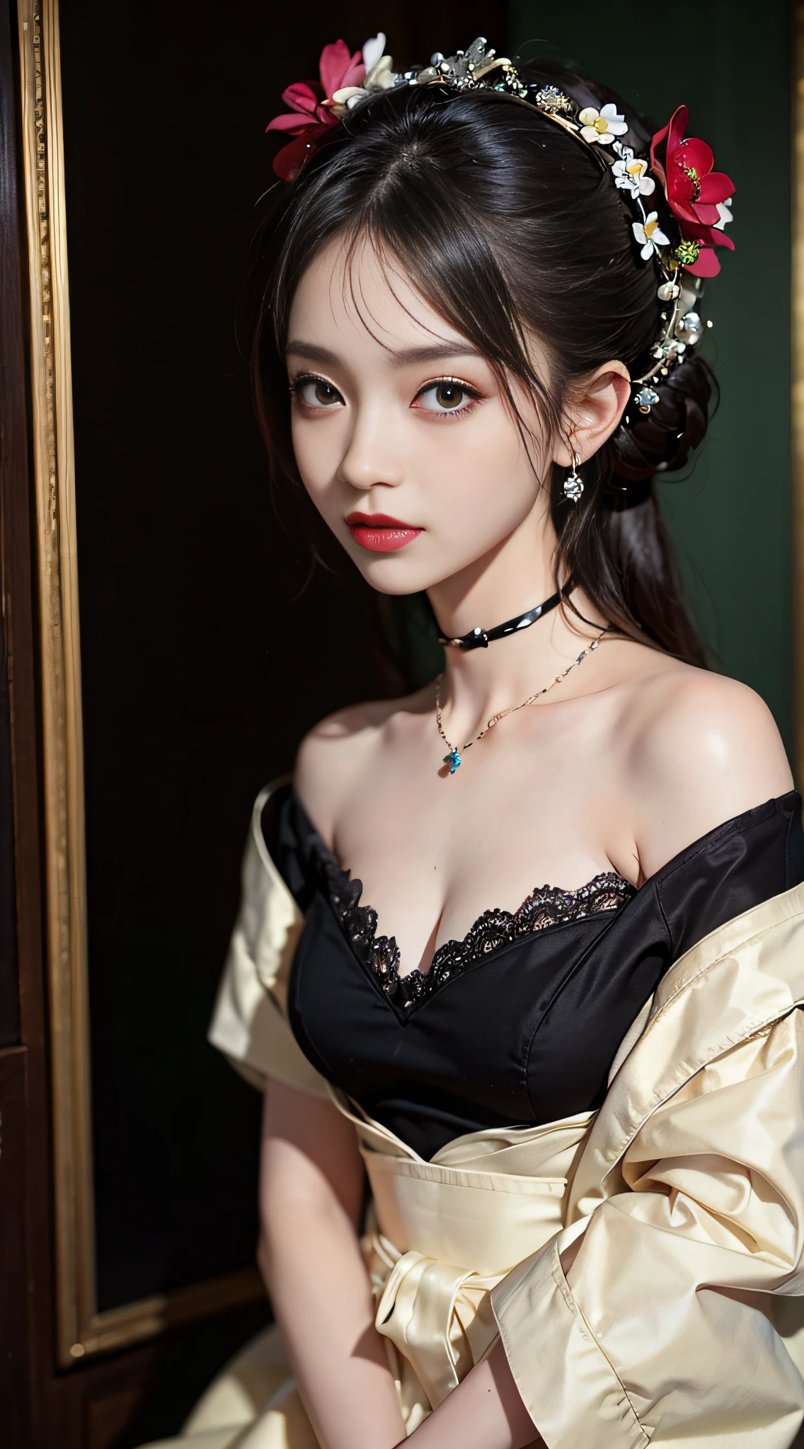 best quality, masterpiece, ultra high res, (photorealistic:1.4), 1girl, off-shoulder shirt, ((traditional chinese dress:1)), black choker, (faded ash gray hair:1), (huge breasts:1.2), looking at viewer, closeup,