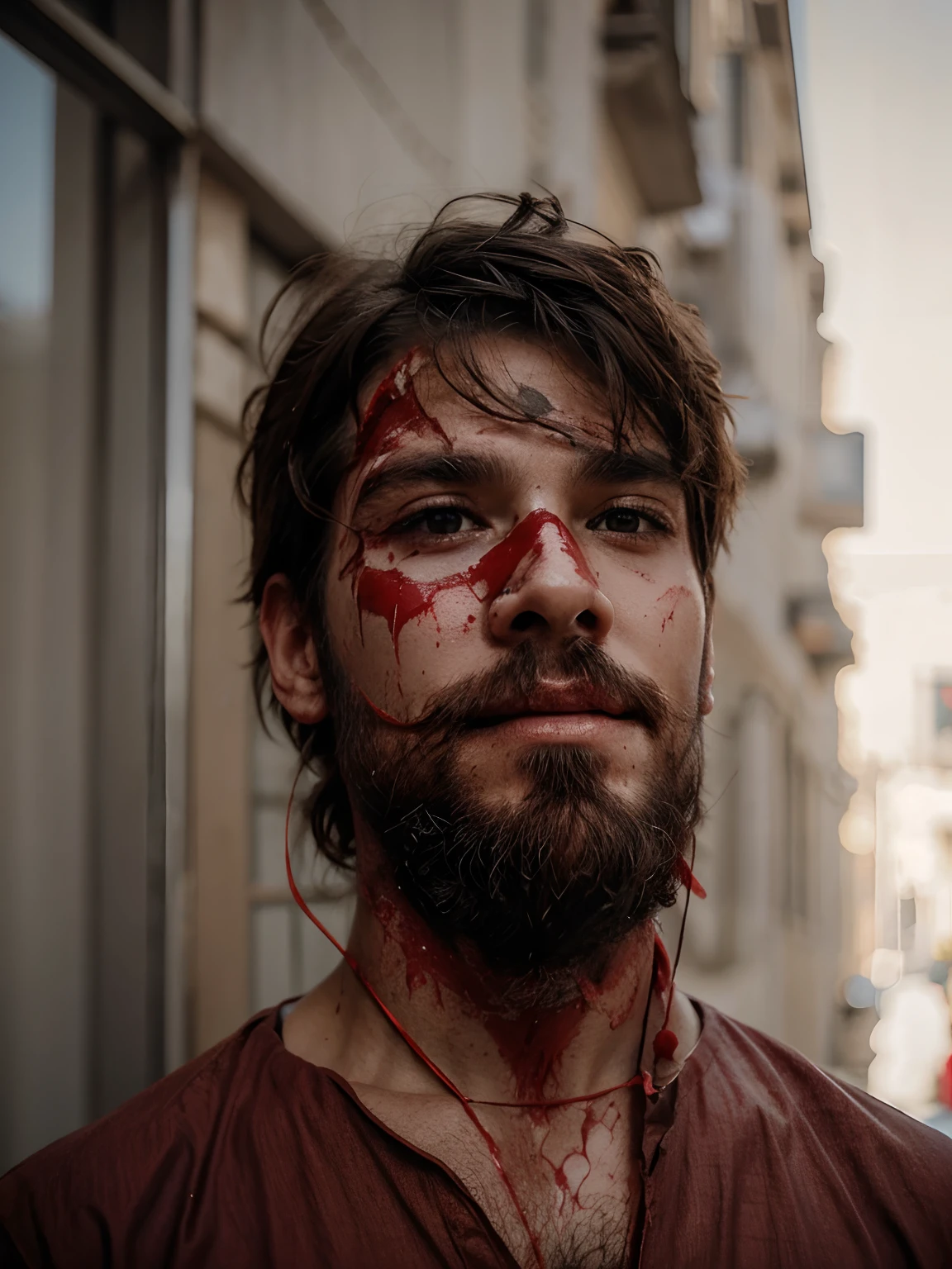 A man with beard blood on face