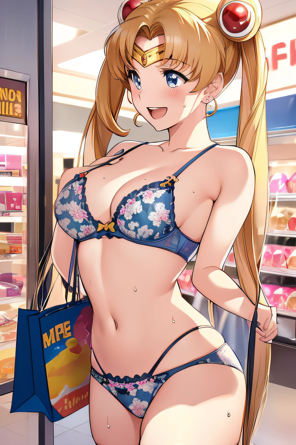 (solo, 1girl), (absurdres, ,highres, official wallpaper, poster), (masterpiece, best quality:1.2), (illustration, realistic), (perfect details, highest detailed, extreme detailed), dramatic light, Tsukino Usagi, (sailor moon, blonde hair, twintails, circlet, jewelry, crescent earrings),((print lingerie), (print bra), (print panties), white thighhighs), (shop, mall, clothes shop, business), (blush, excited, happy, smile, open mouth, shopping bag, waling, sweat)