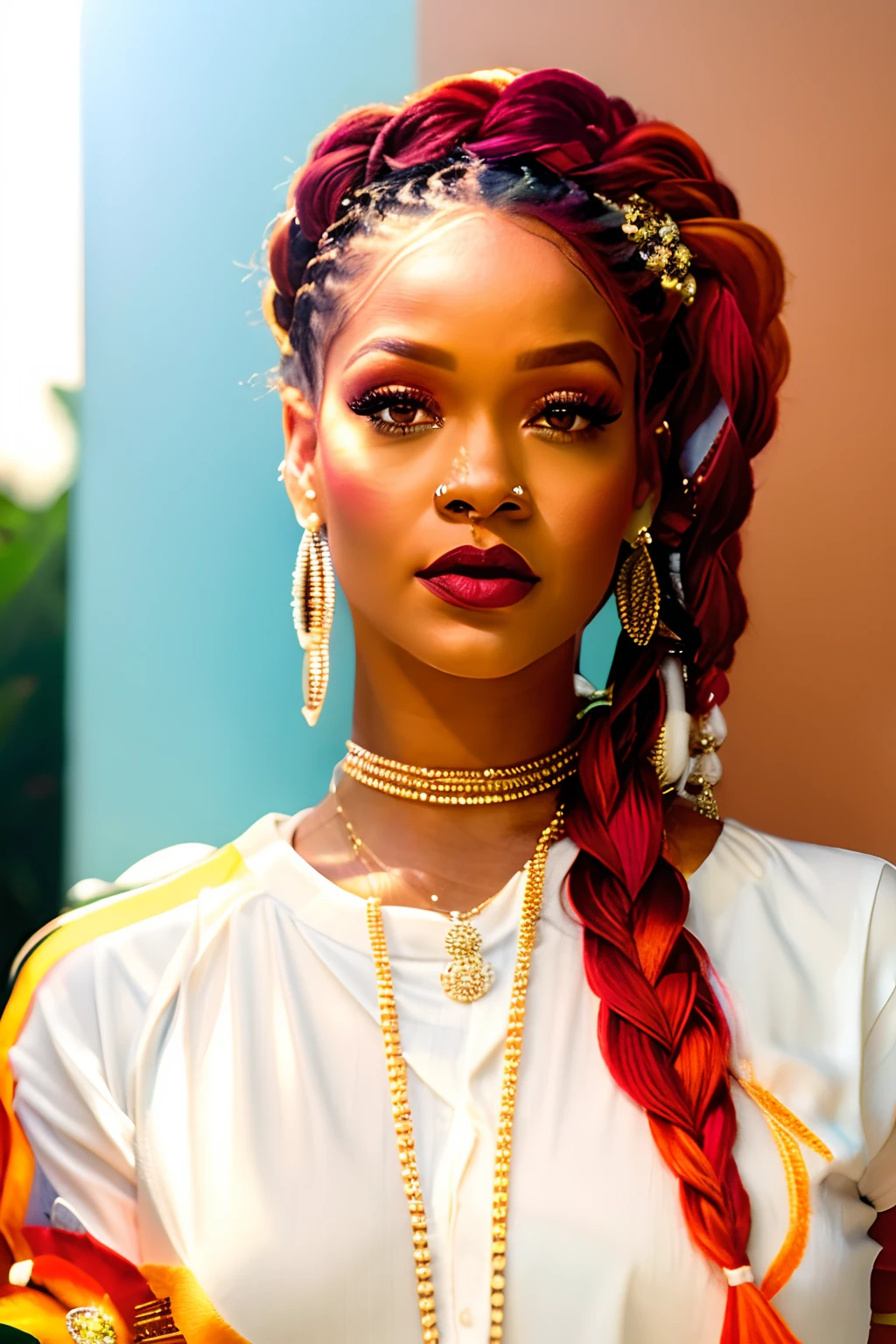 rihanna com cabelos ruivos e piercings posando para uma foto, trend , bela arte real, deslumbrante , orange braided hair, | afrofuturismo, bonito, red braided hair, beautiful artwork, estilo realista,, estilo impressionante, Epic portrait, estilo fotorrealista,melhor qualidade, realista, realista, Award-Winning Illustration, (rosto altamente detalhado e textura da pele), (corpo inteiro), (detalhe complicado: 1.2), (detalhe fino), (detalhe complicado), (cinematic lights, luz de fundo de melhor qualidade), lines sharp, foco nítido, Arte Oficial, unidade 8k papel de parede , ultra realista, muito realista, Absurdo, inacreditavelmente realista absurdo, tamanho de arquivo enorme, ultra-real, Arte de realista, RTX,((Foto de encerramento-up by award-winning studio)), , (cale a boca), , perfect hands, lindos olhos detalhados, rosto perfeito, corpo perfeito, detalhes ultra realista.