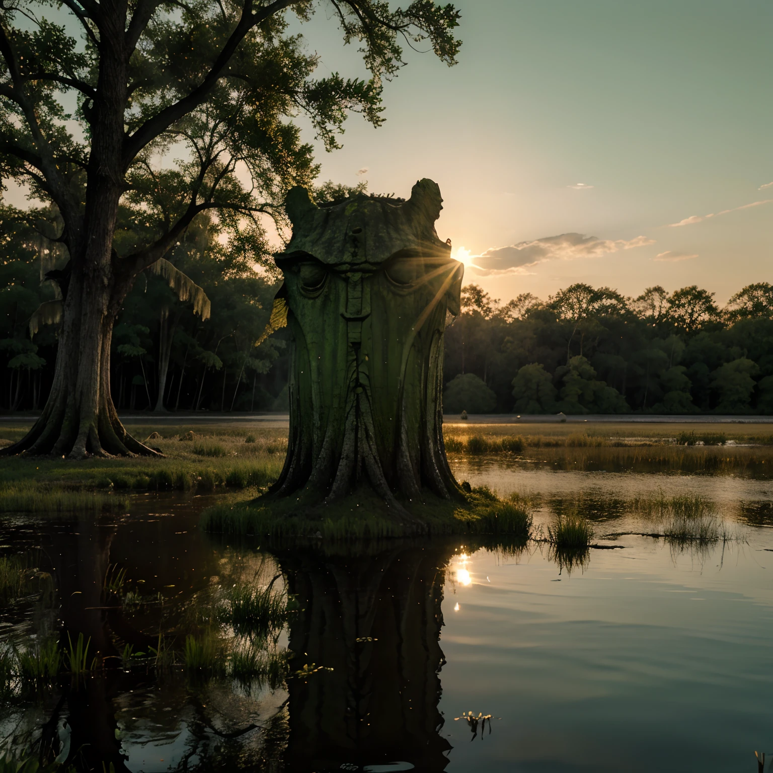 Green swamp monster in front of white sunrise